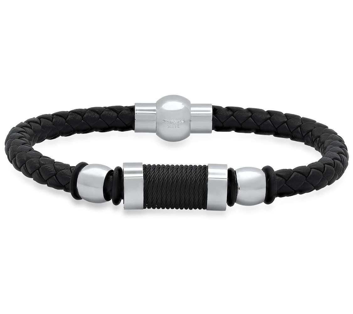 Steel by Design Men's Braided Genuine Leather Bracelet