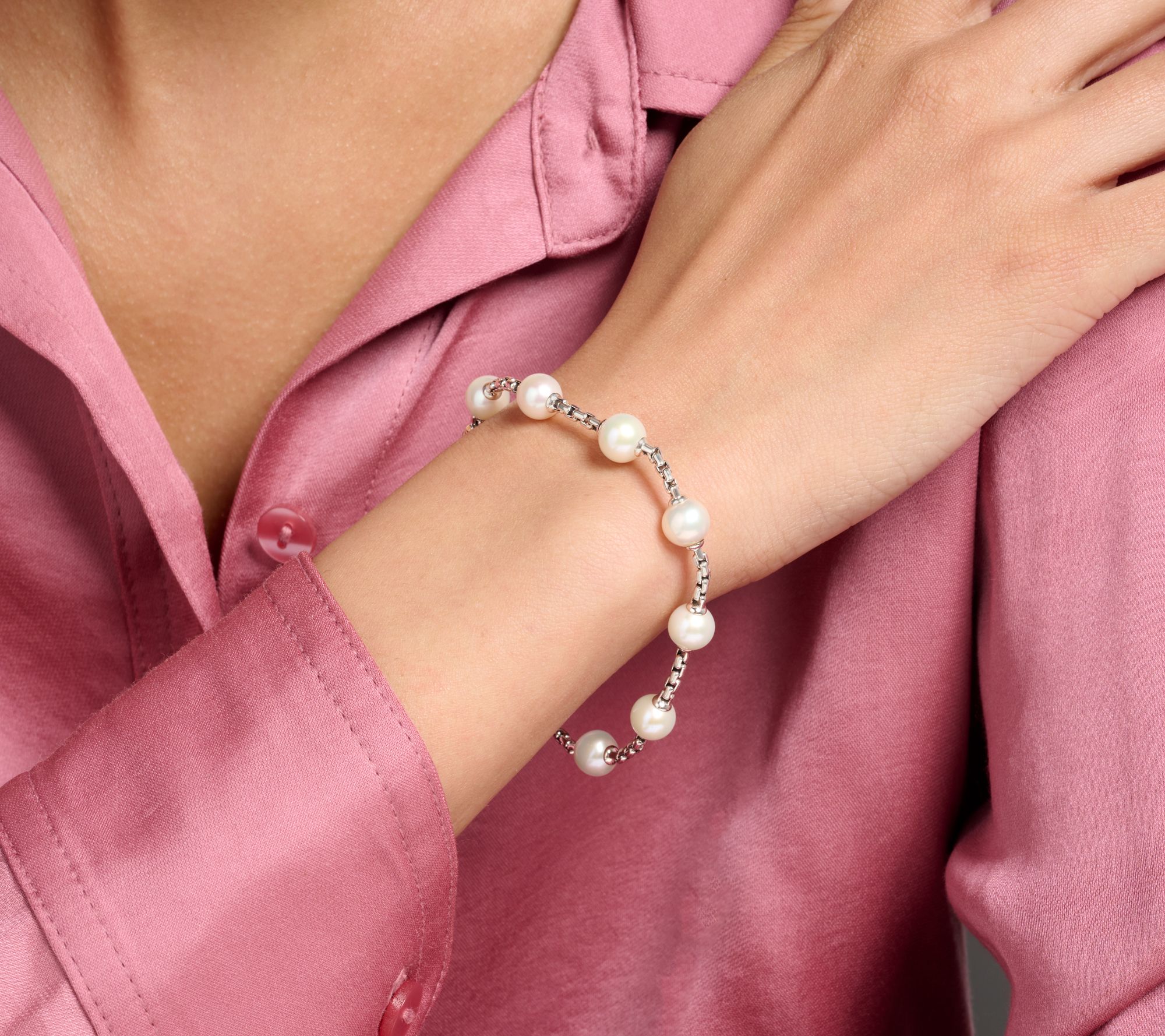 JAI Sterling Silver Cultured Pearl 2.7mm Box Chain Bracelet