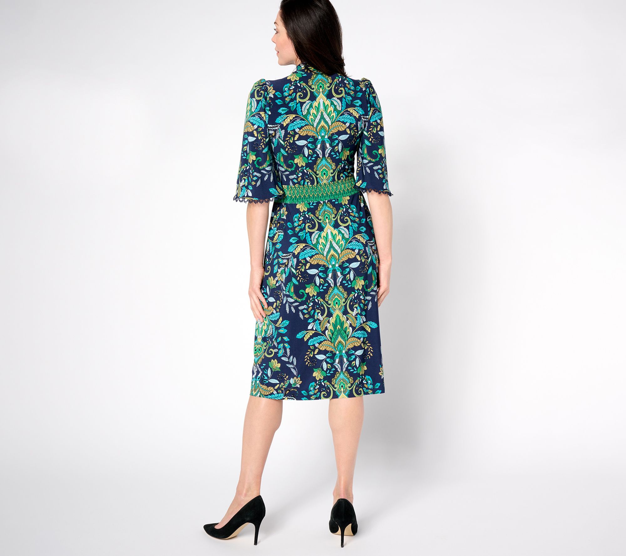 Susan Graver Regular Printed Liquid Knit Mock Neck Midi Dress