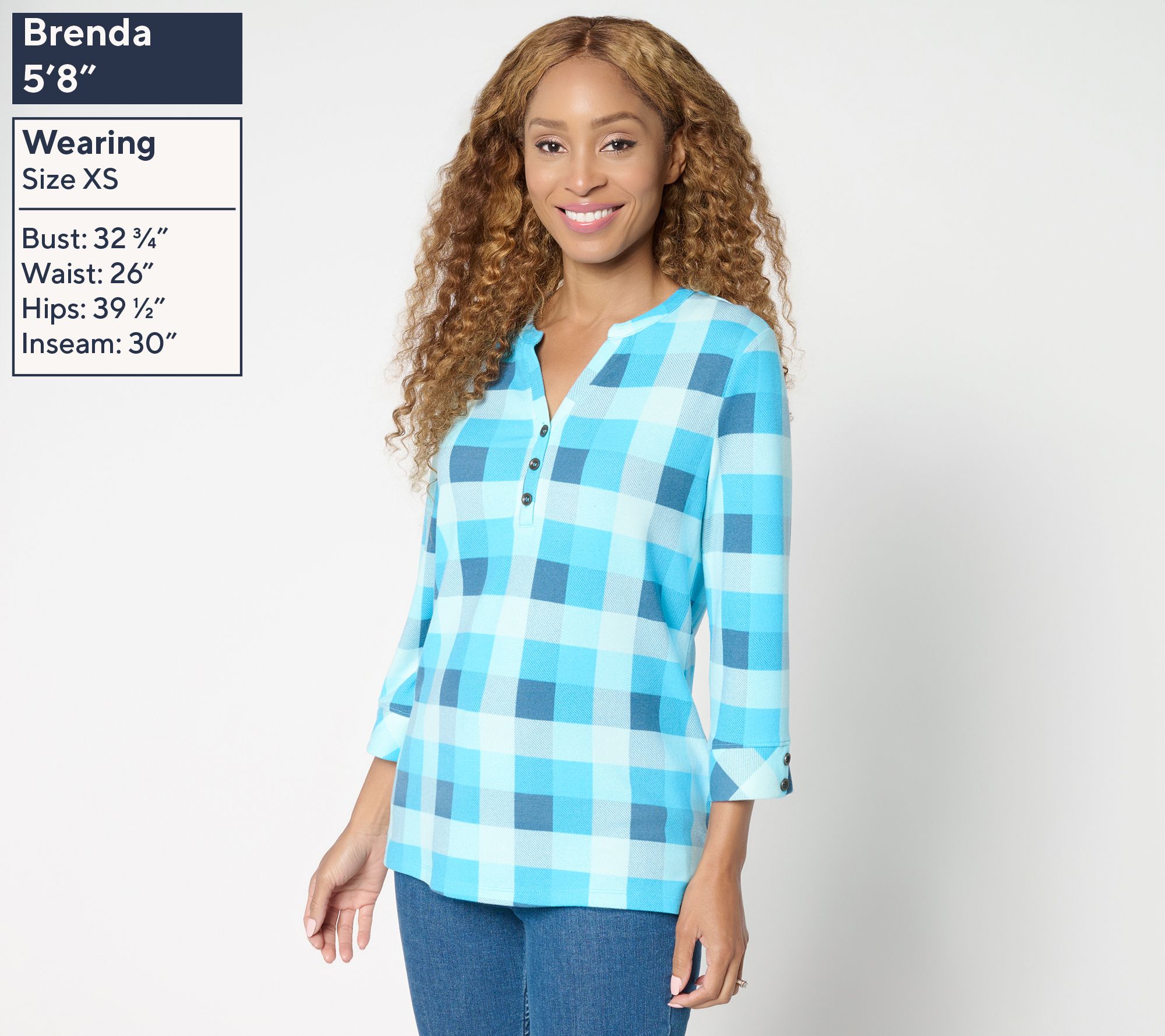Denim & Co. Heavenly Jersey 3/4 Sleeve Plaid Henley Top