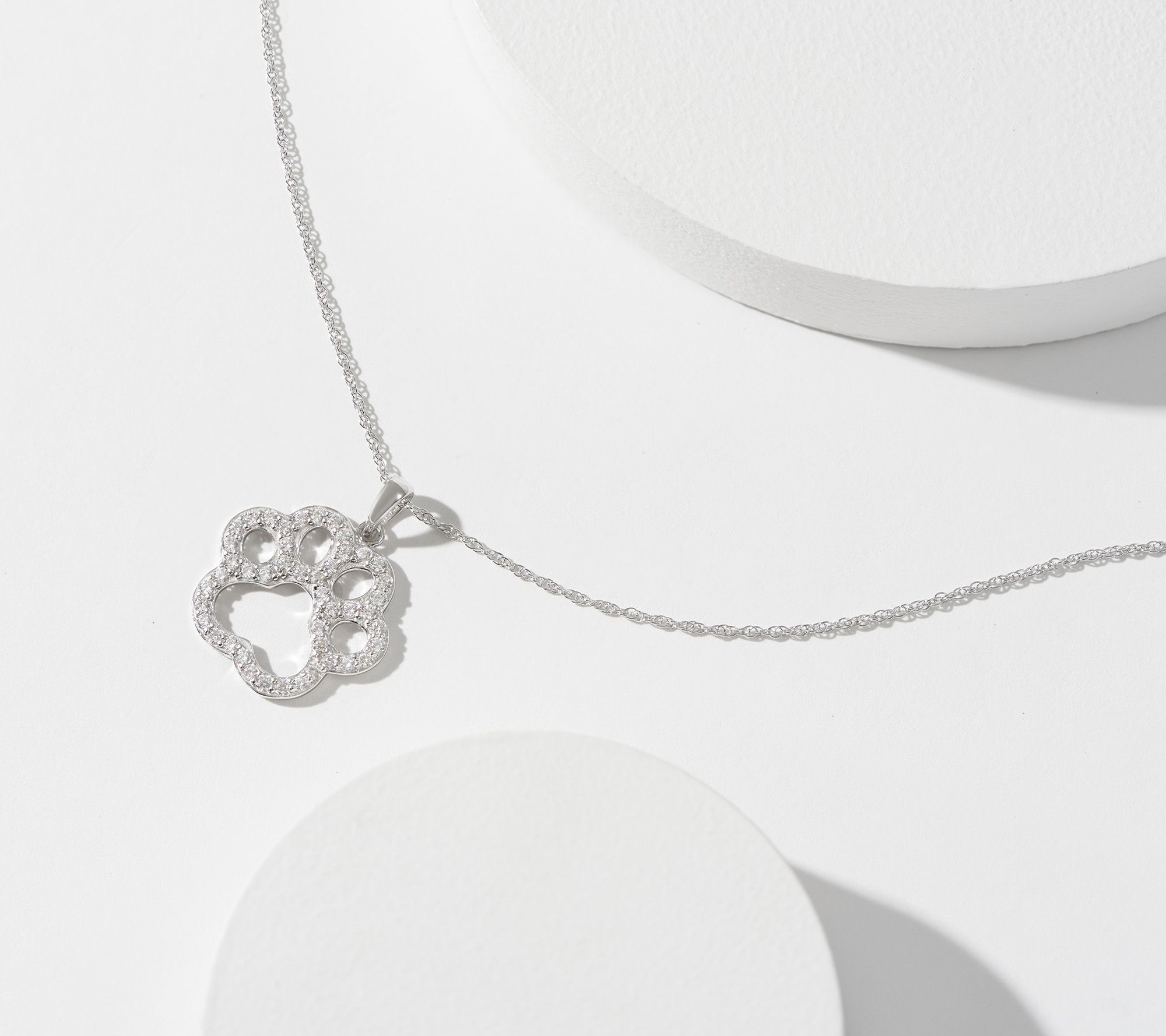 Diamonique Open Paw Print Necklace, Sterling Silver