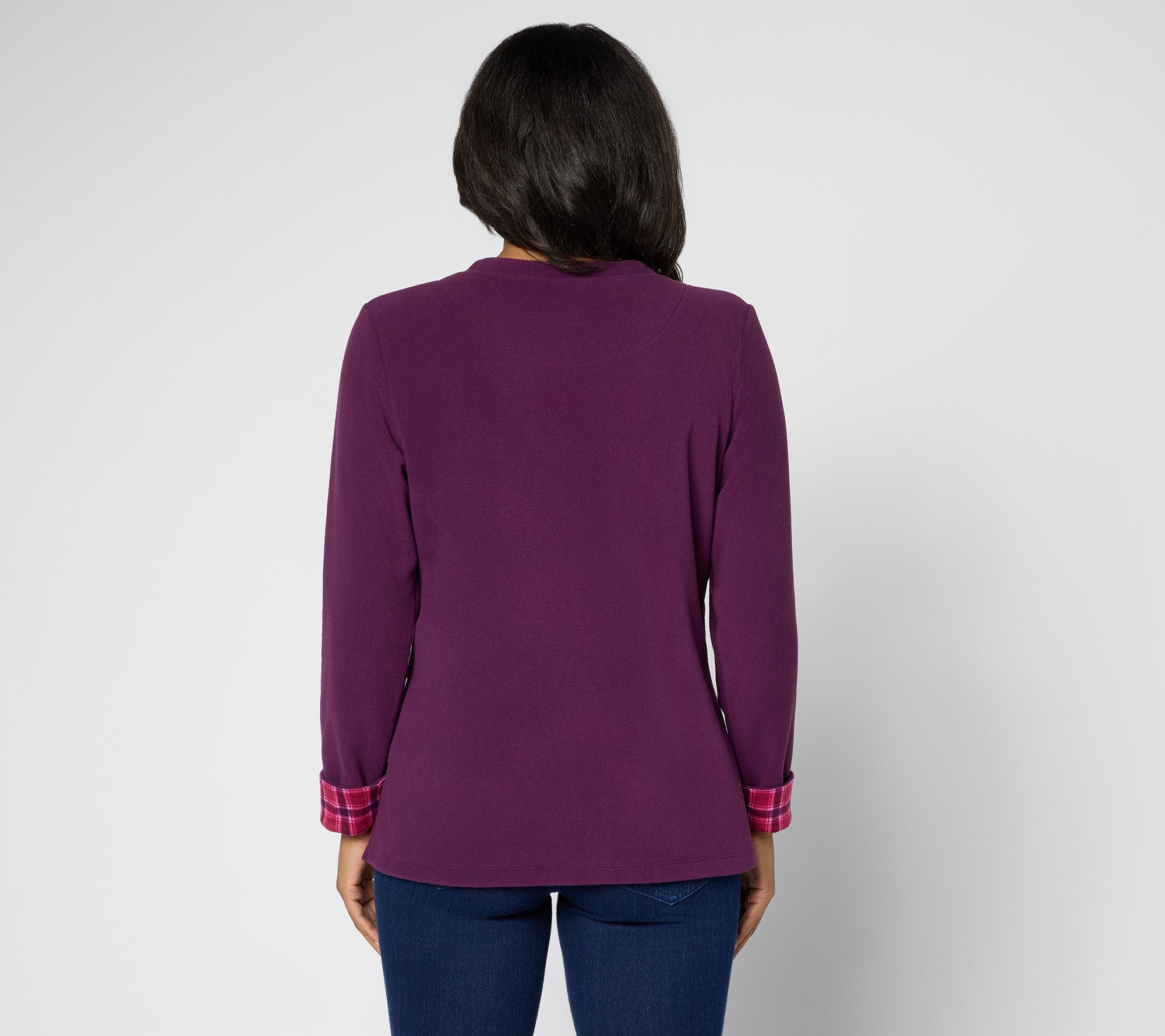 Denim & Co. Fleece Top with Plaid Accents