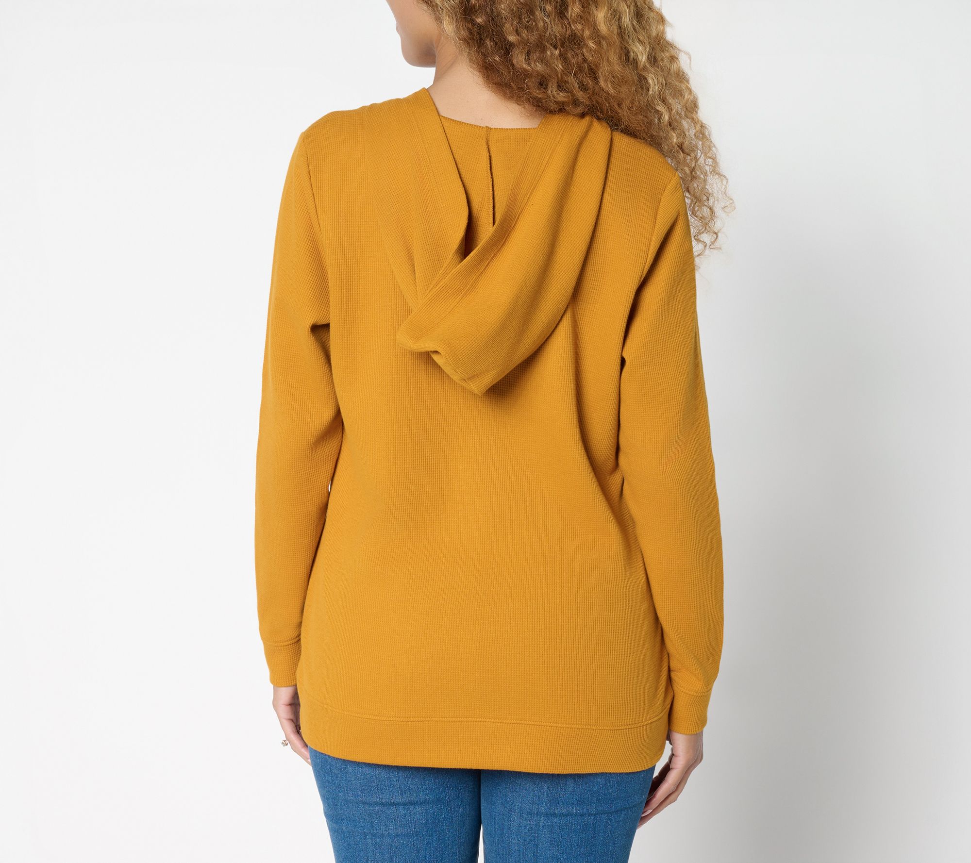 Denim & Co. Waffle Knit V-Neck Hooded Top