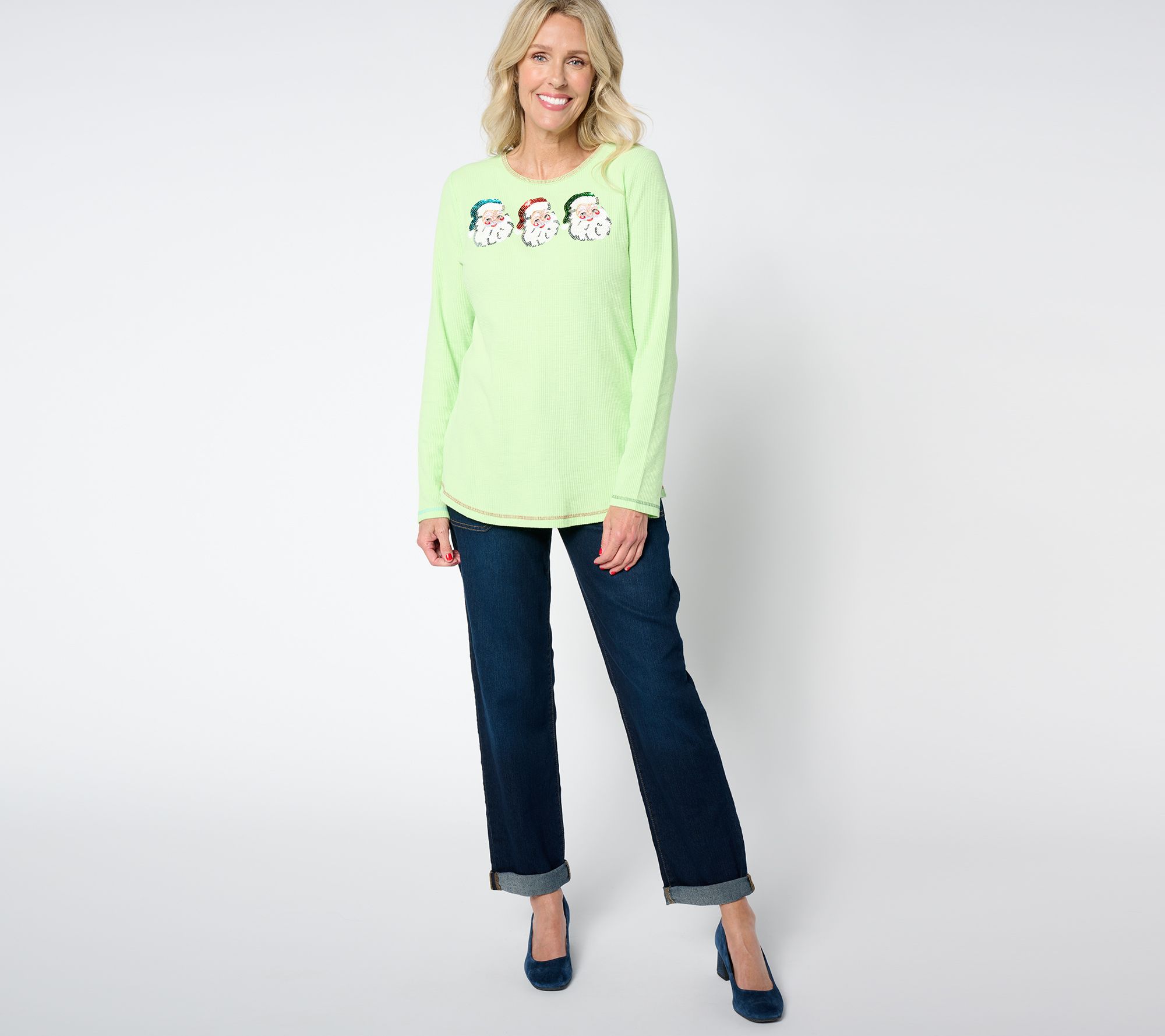 Quacker Factory Glitter Holiday Embellished Waffle Long Sleeve Top