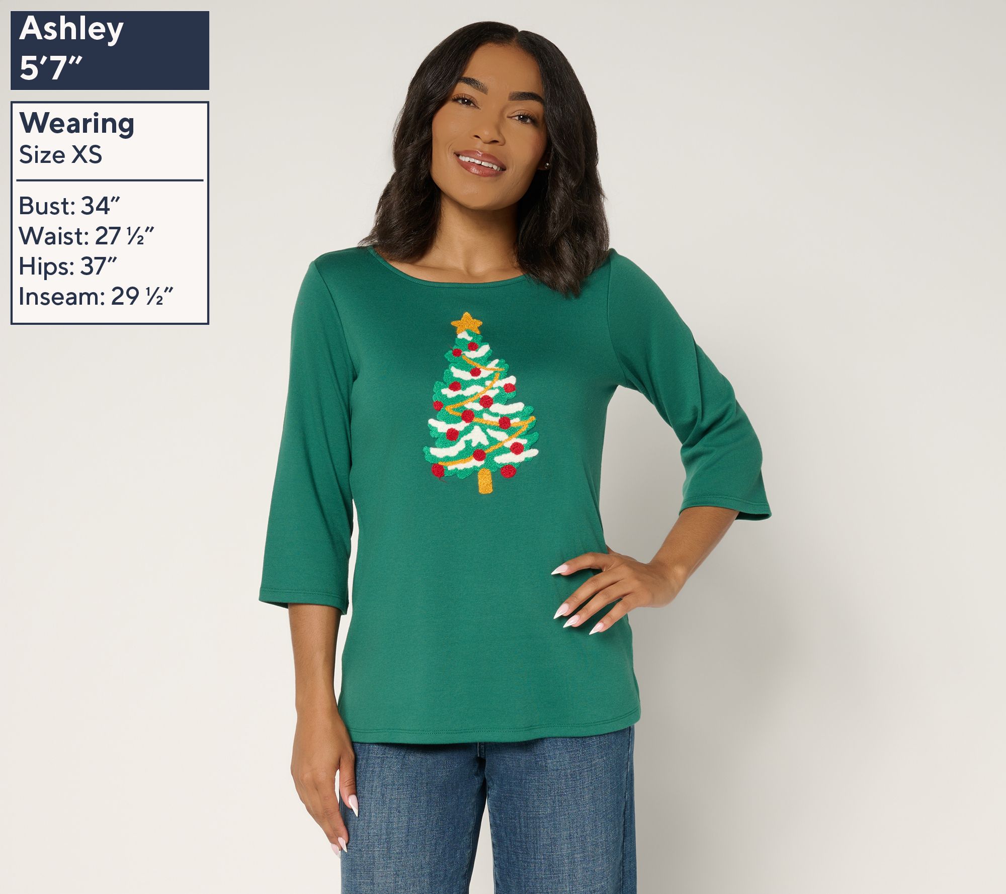 Quacker Factory Punch Needle 3/4 Sleeve Christmas Tree Top