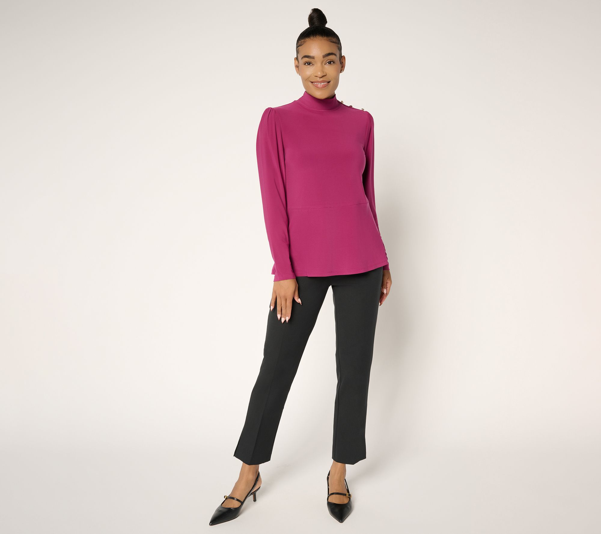 Dennis Basso Regular Italia Knit Mock Neck Soft Peplum Top