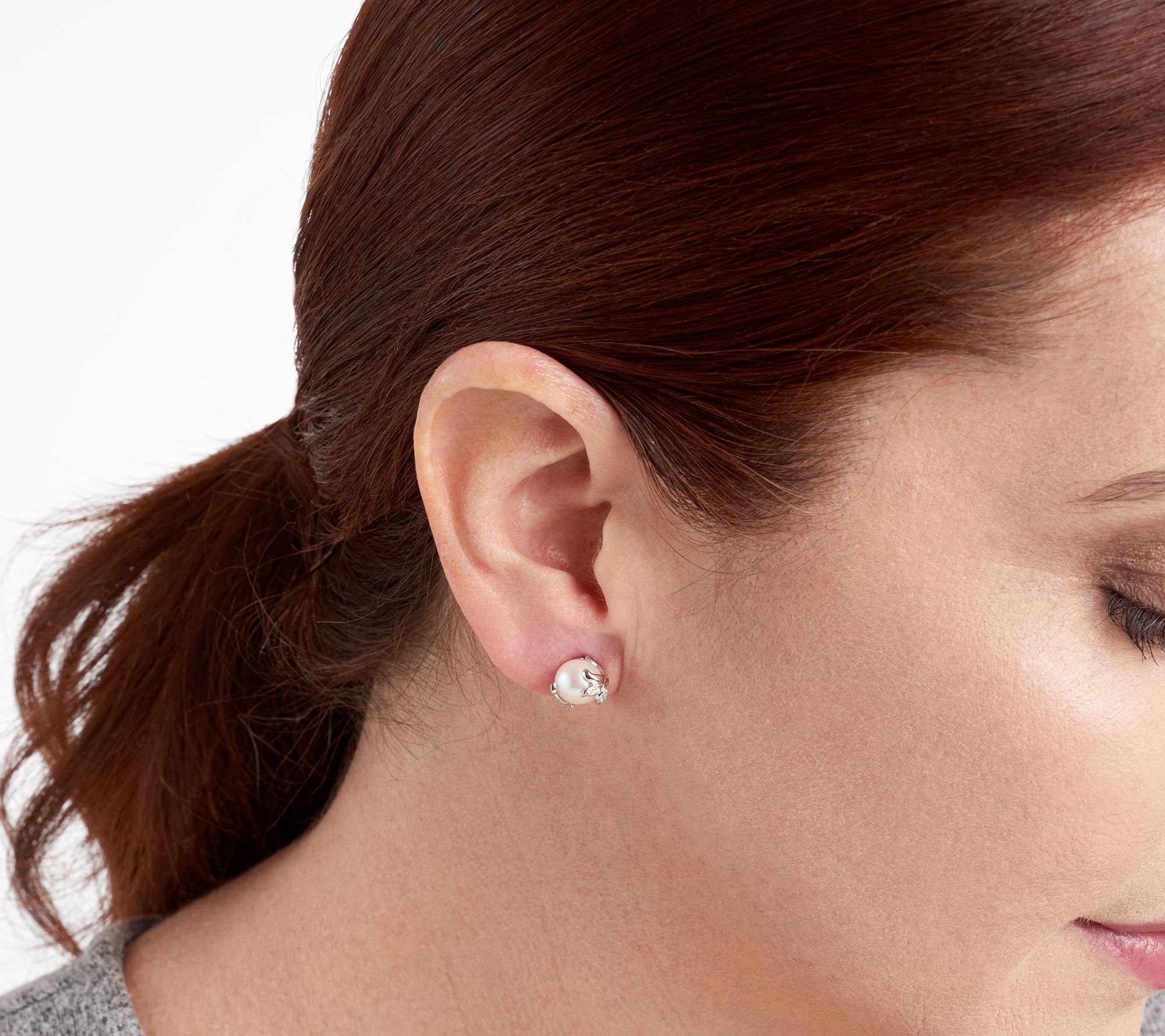 Diamonique Floral Cultured Pearl Stud Earrings, Sterling