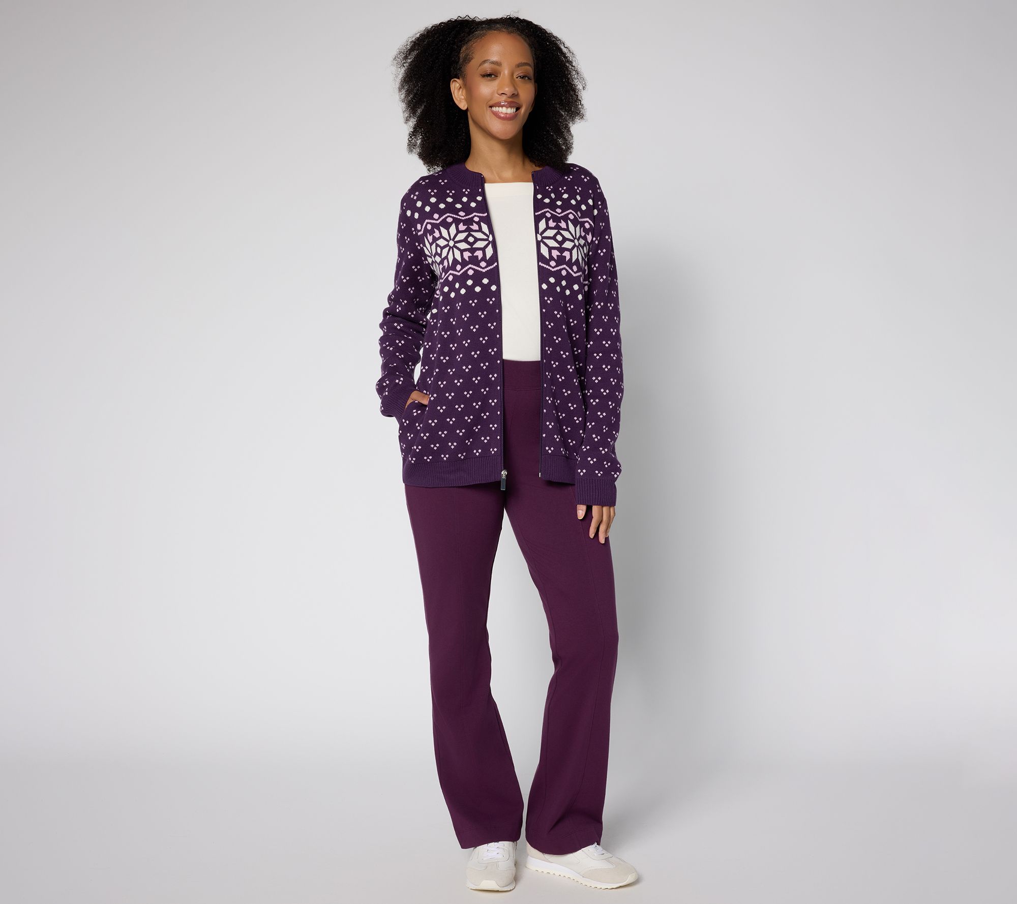 Denim & Co. Archives Zip Front Placed Motif Cardigan