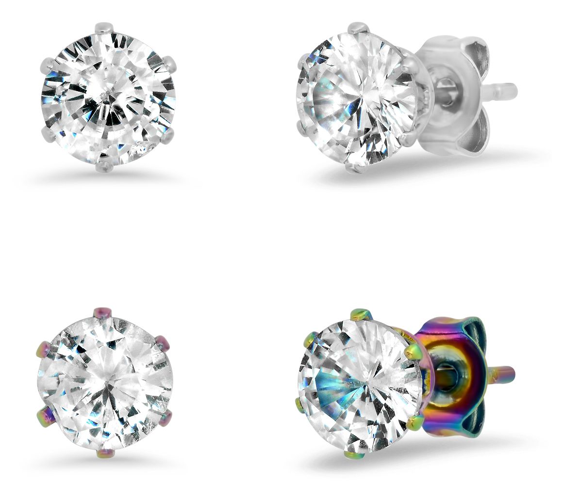 Steel by Design Set of Two Cubic Zirconia St ud Earrings