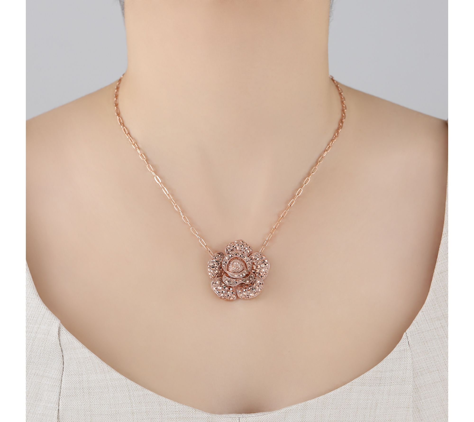 Dallas Prince 14K Gold Clad Chrome Marcasite Rose Necklace