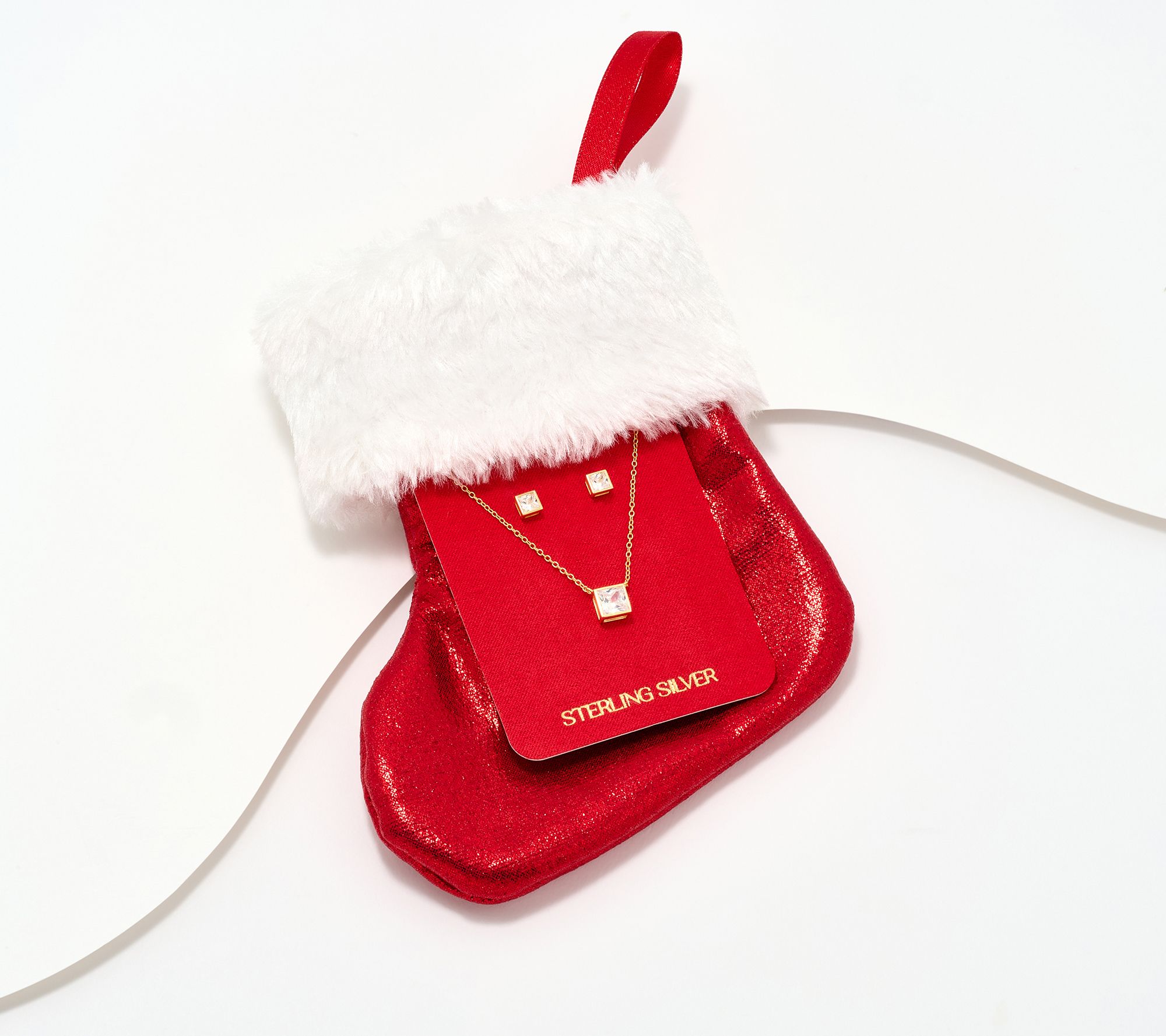 Diamonique Necklace & Stud Earrings Boxed Set, 14K Gold Plated