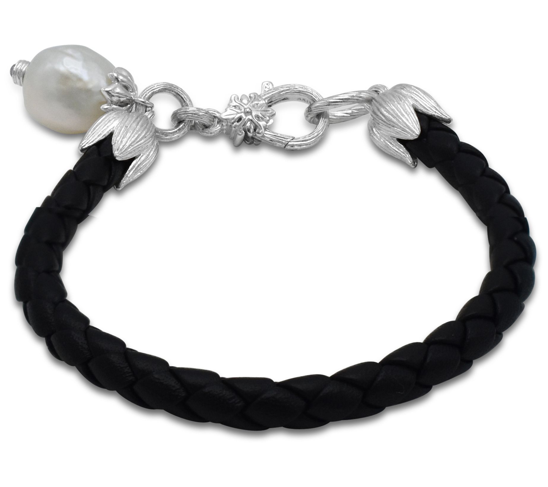 Ariva Sterling Silver Black Leather Cultured Pearl Bracelet