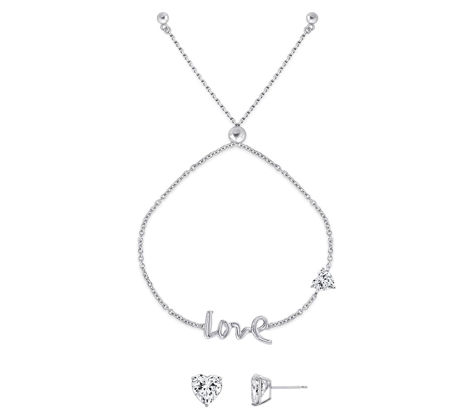Diamonique Love Bracelet & Stud Earrings Set, Sterling Silver