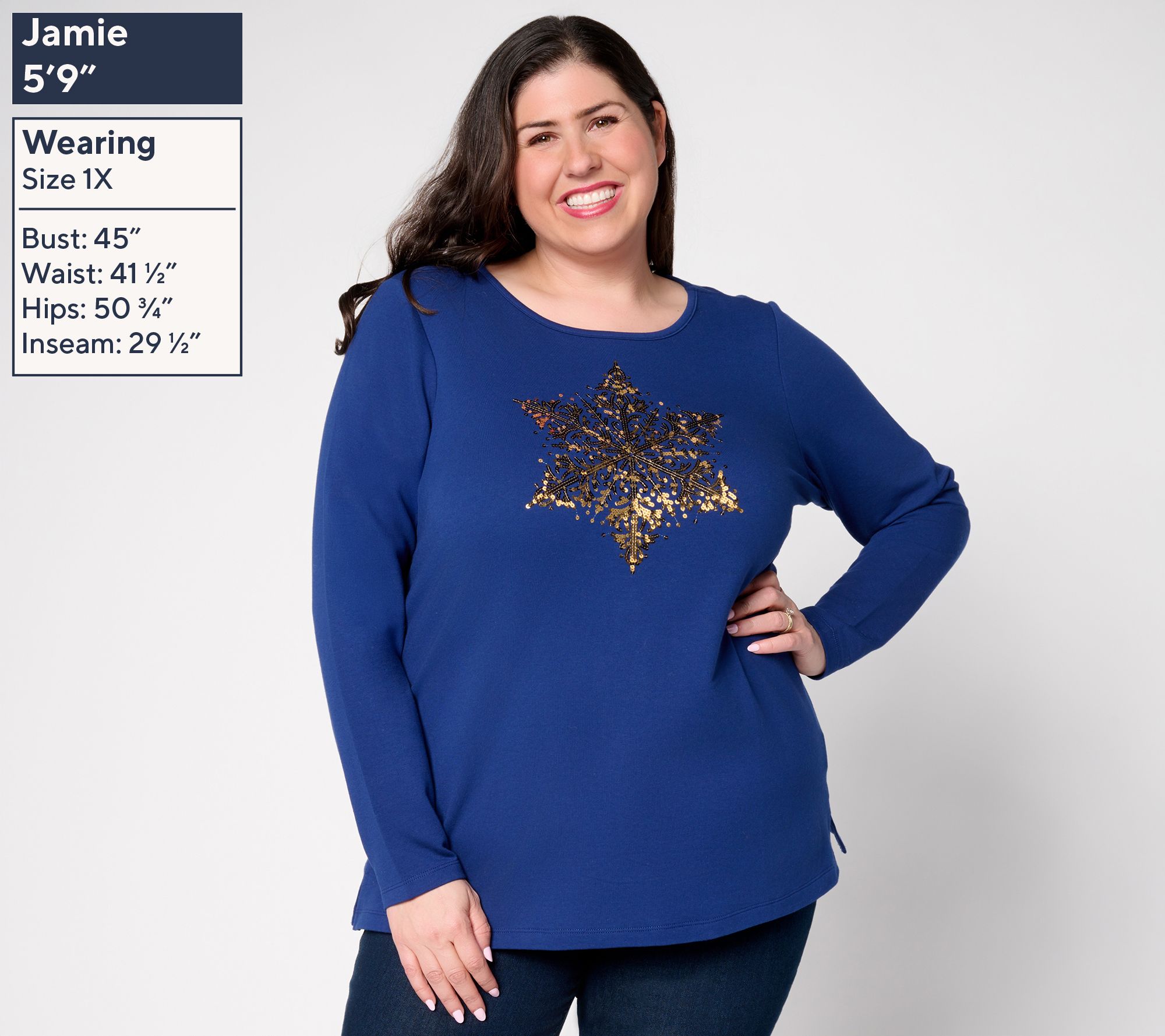 Quacker Factory Baby It's Cold Sequin Snowflake Long Sleeves Shirt