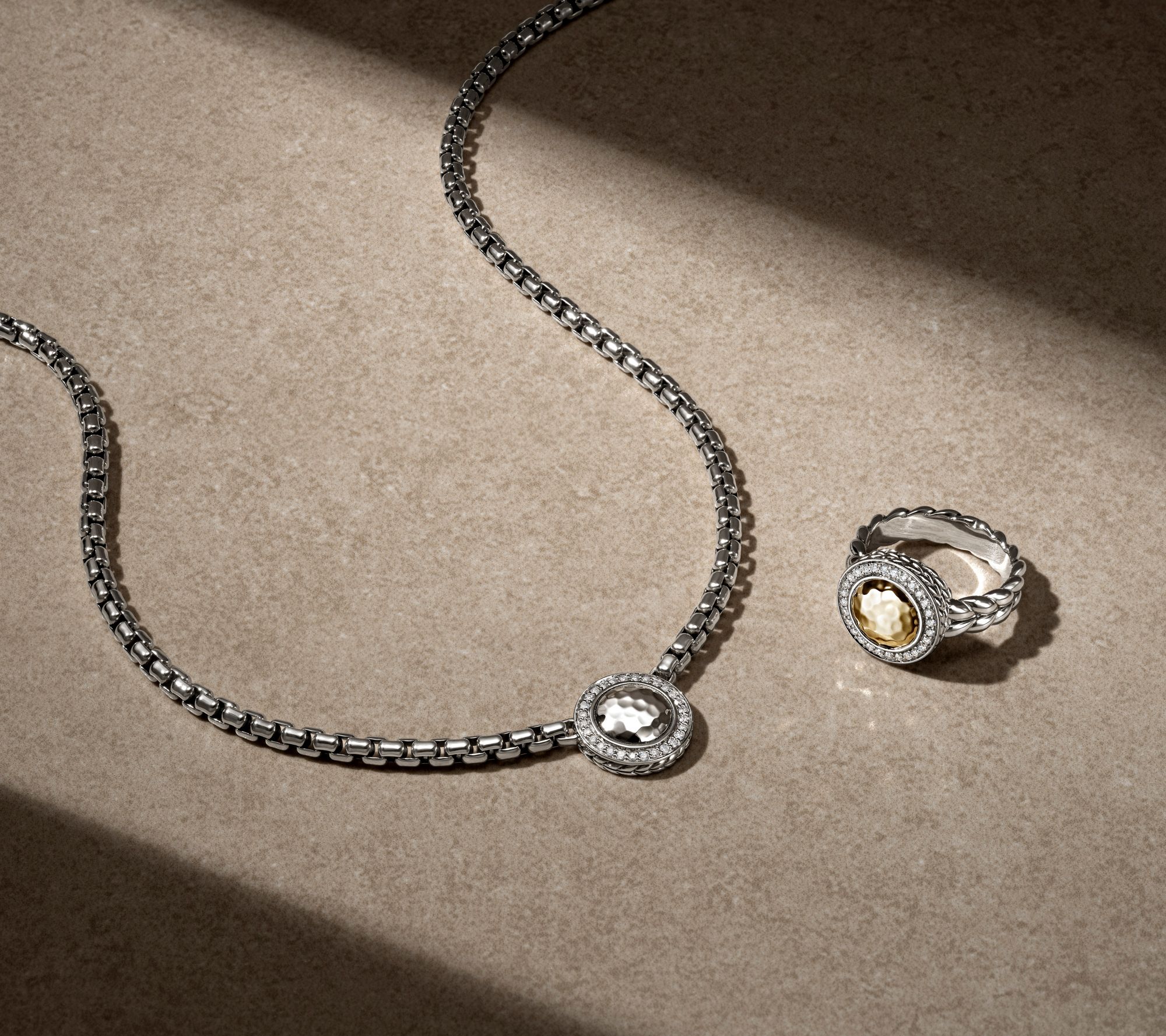 JAI Sterling Silver Hammered Disk & Diamond Box Chain Necklace