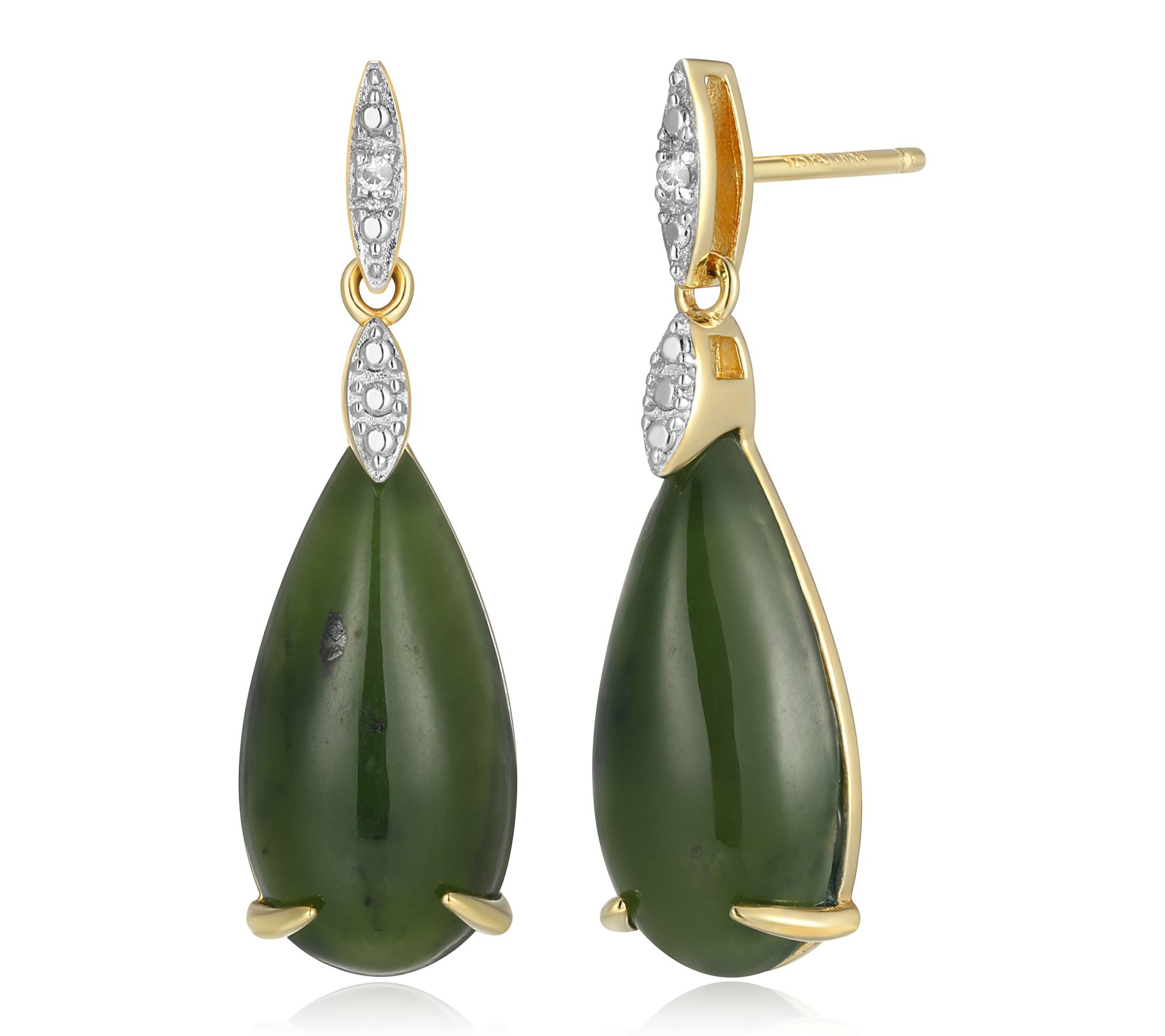 Dynasty Jade Pear Shaped Stud Earrings, 18k Gold Plated