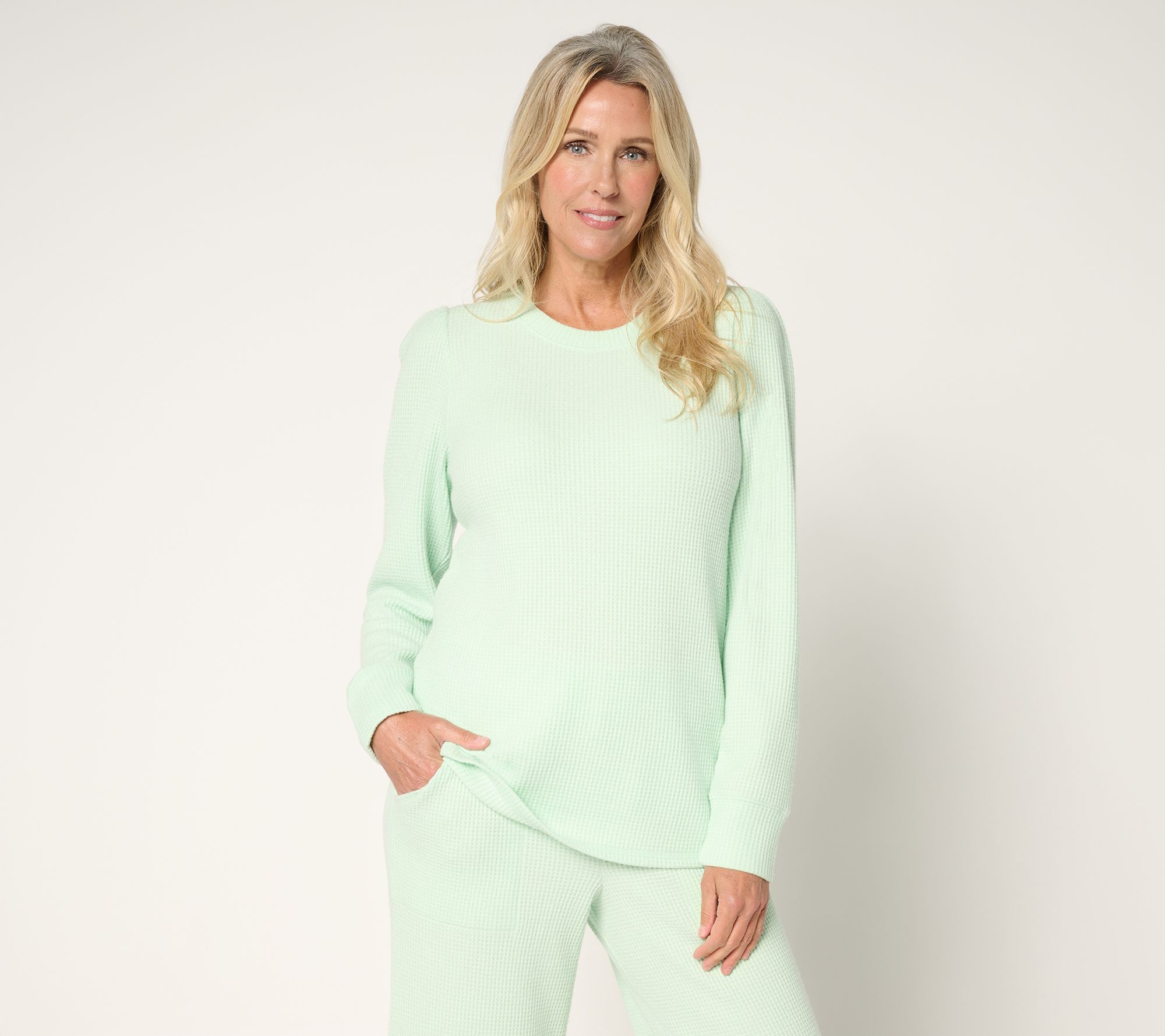 AnyBody Brushed Waffle Knit Crew Neck Top with Tall Cuff