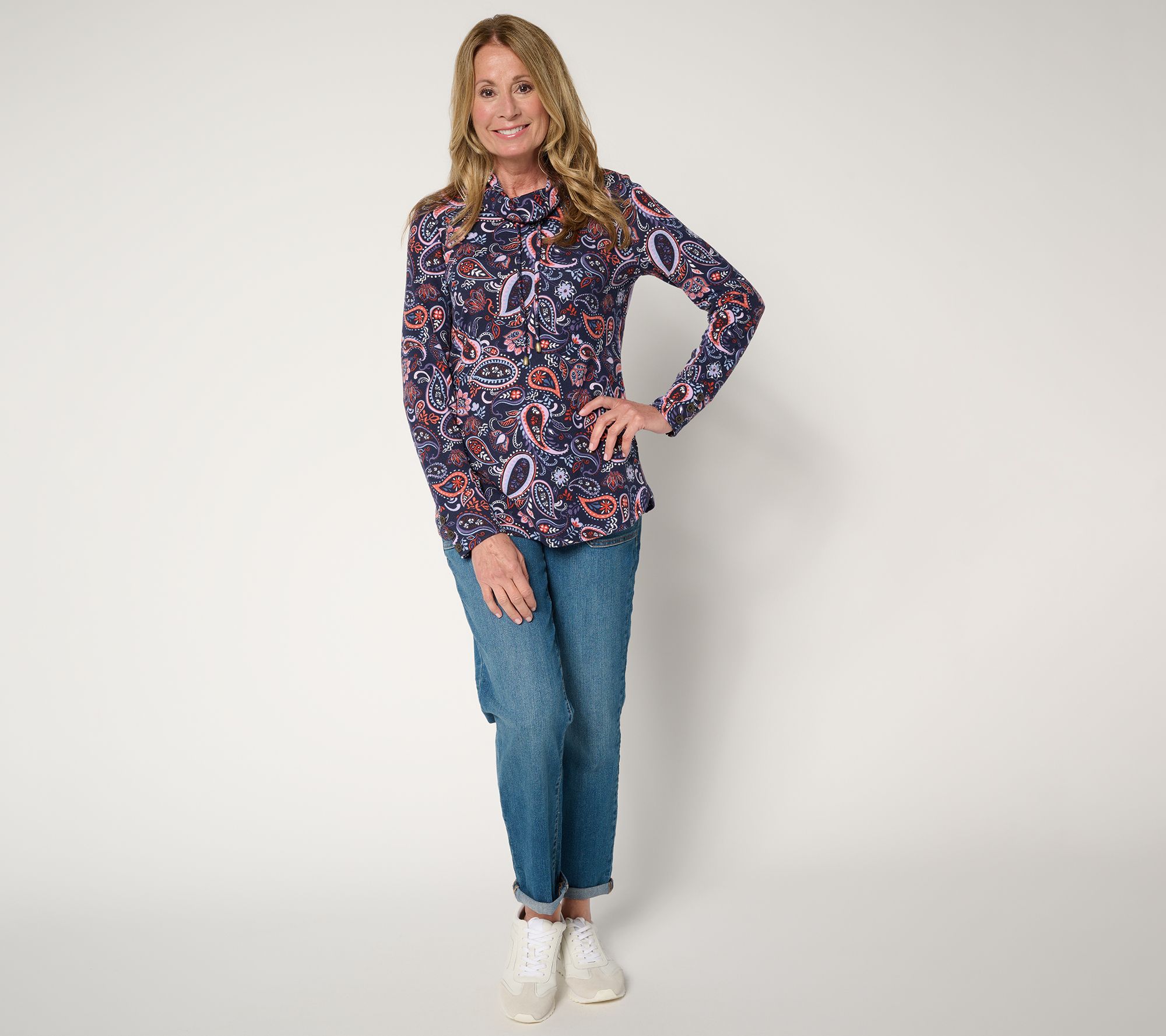 Denim & Co. Heavenly Jersey Funnel Neck Printed Top w/ Cuff Detail