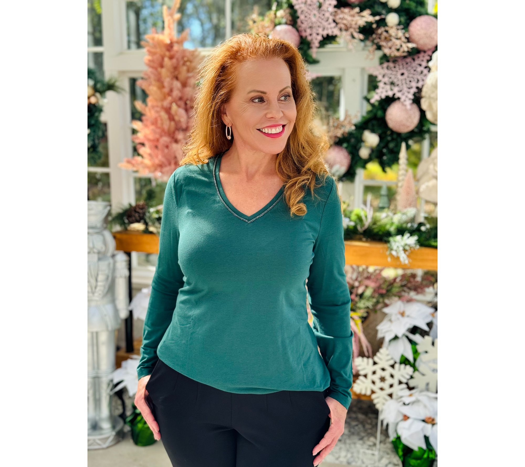 Jingle Belles by Kim Gravel TripleLuxe Knit Sparkle V Neck Top