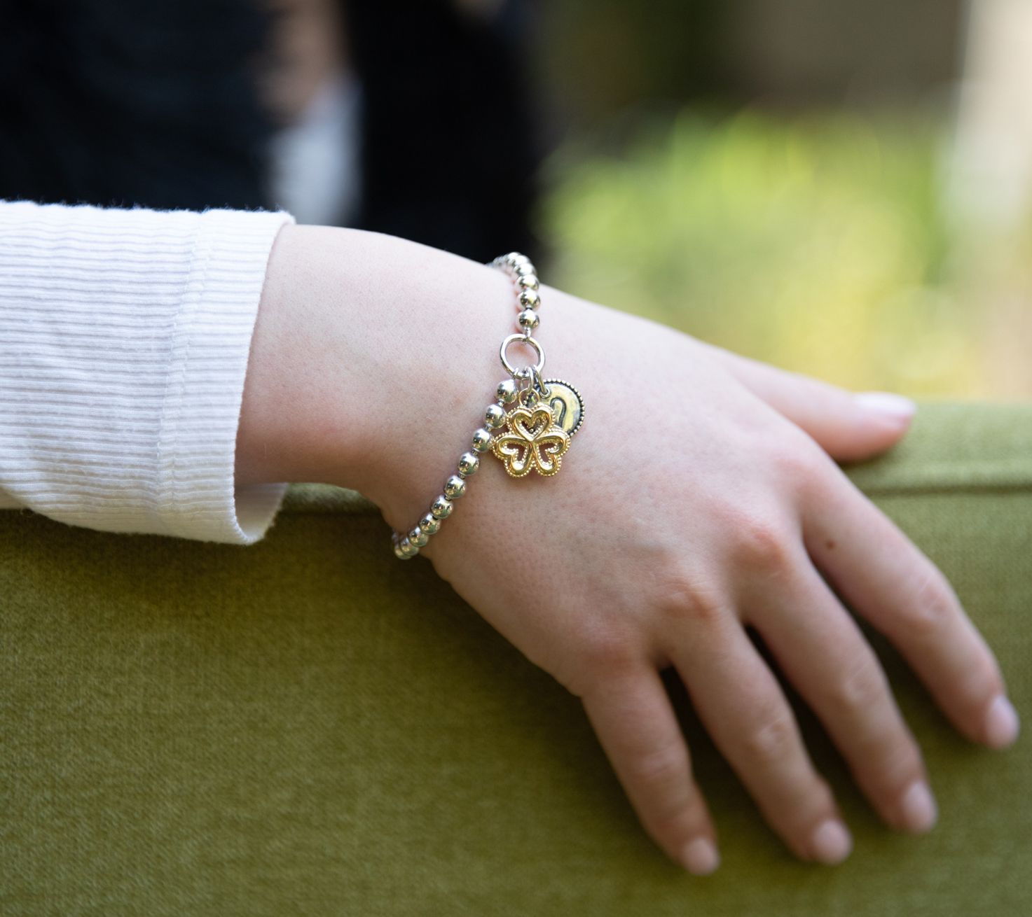Or Paz Sterling Silver Beaded Clover & Heart Charm Bracelet