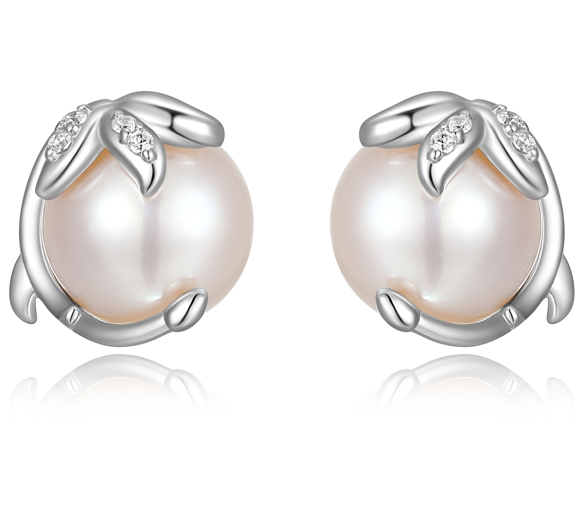 Diamonique Floral Cultured Pearl Stud Earrings, Sterling