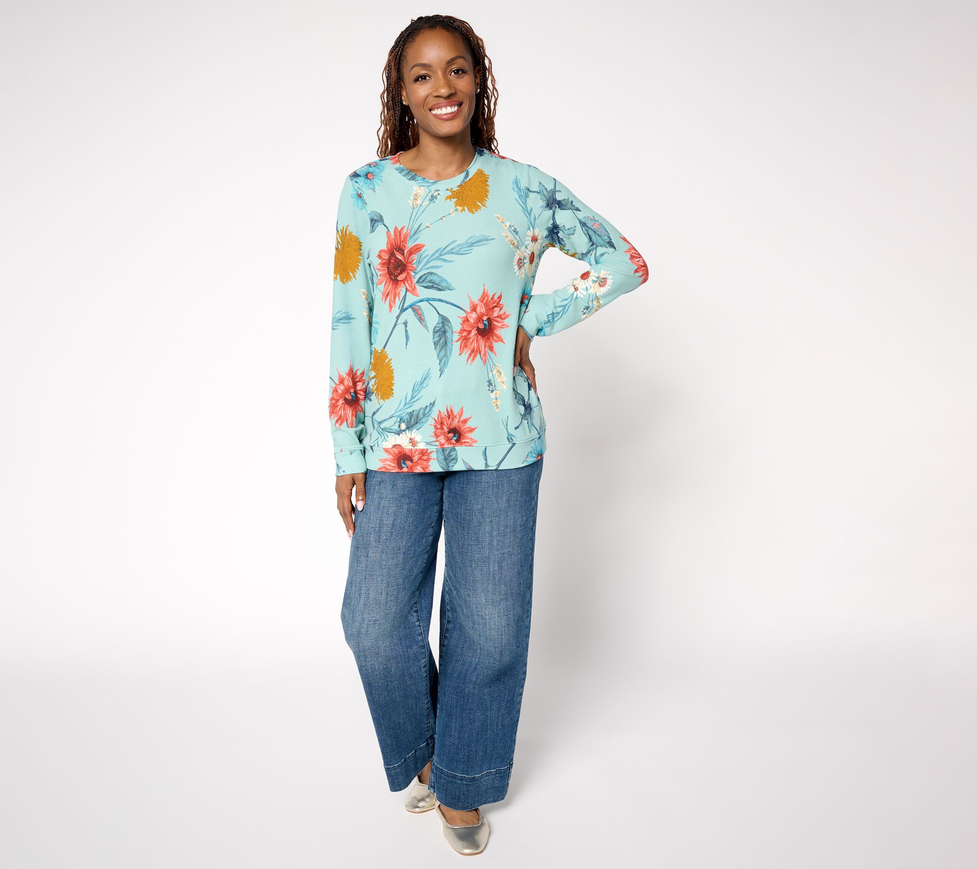 Denim & Co. Printed Heavenly Jersey Round Neck Long Sleeve Pullover