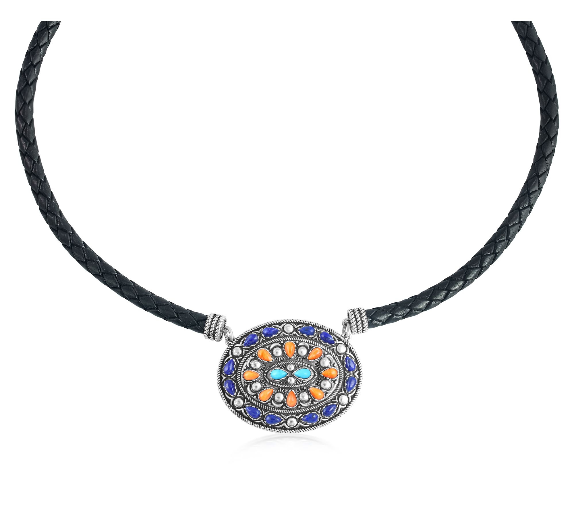 American West Sterling Oval Gemstone Leather Necklace
