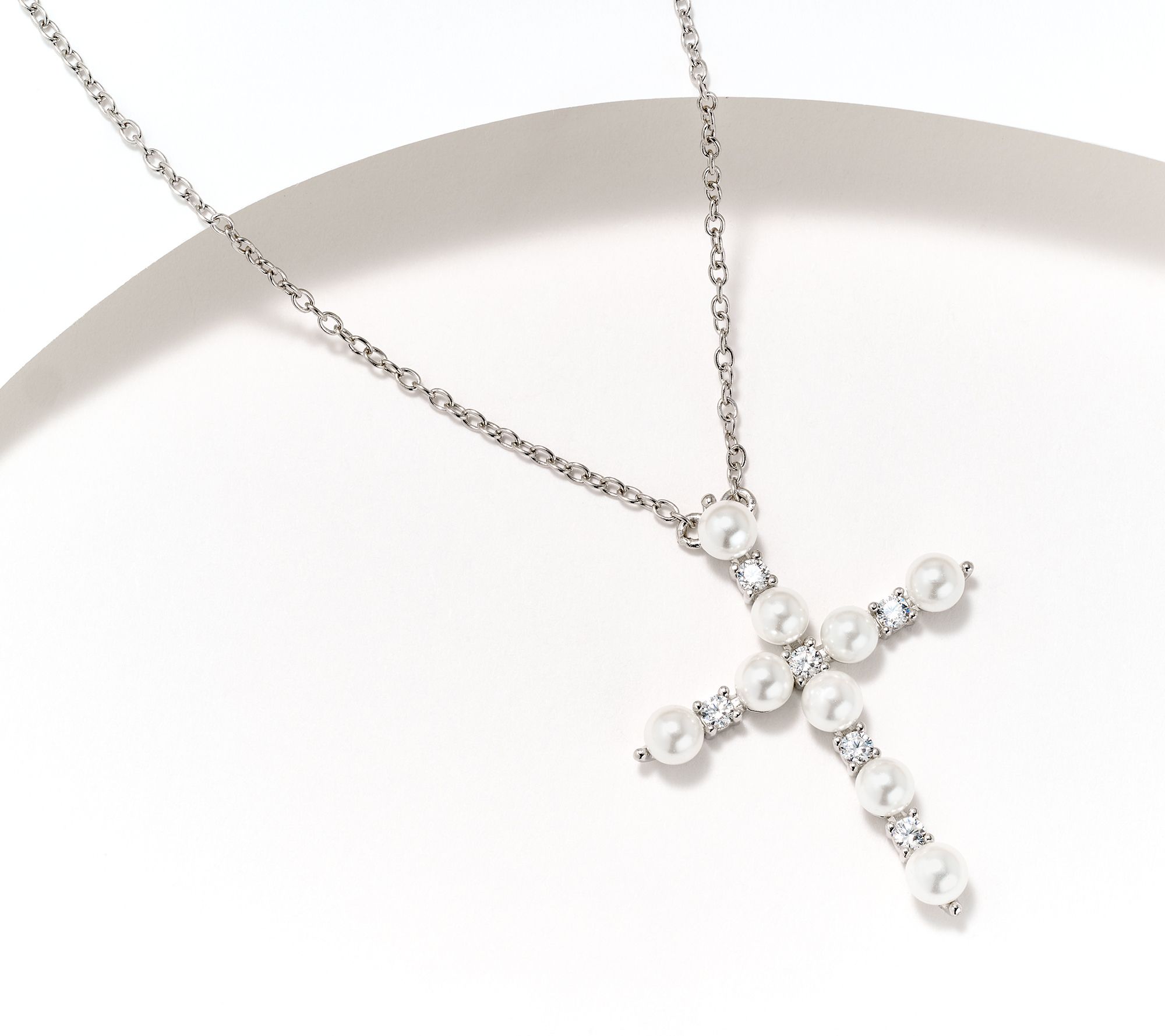 Diamonique Simulated Pearl Cross Necklace, Sterling Silver