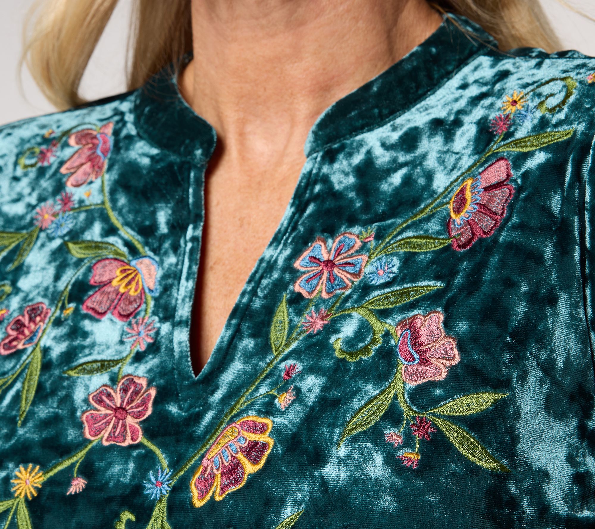 Belle Boho by Kim Gravel Crushed Velvet Embroidered Top