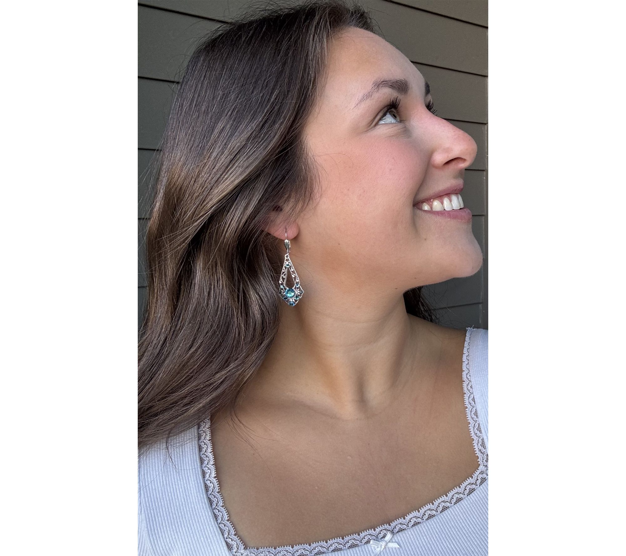 Anne Koplik Teal Crystal Filigree Pointed Pendulum Earrings