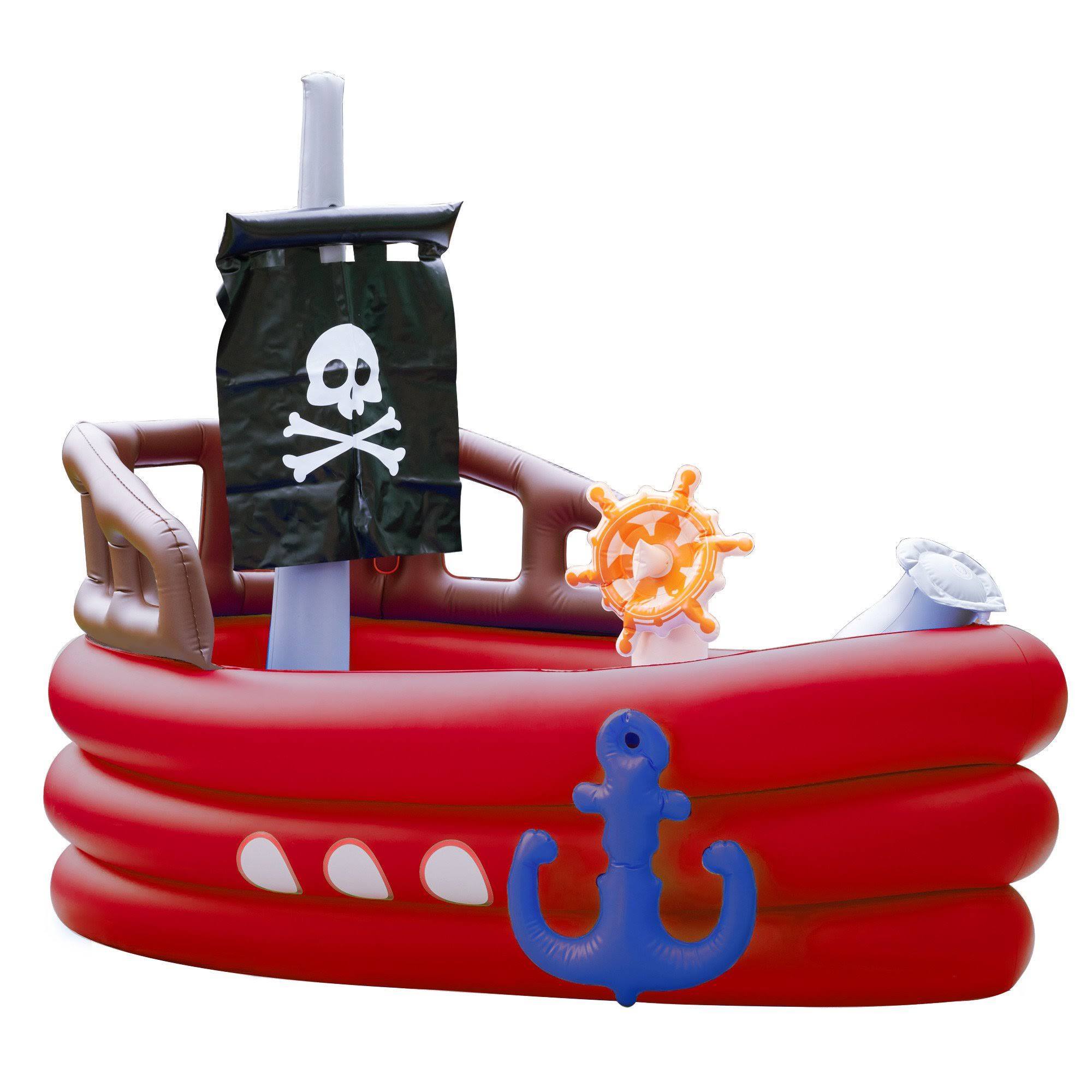 Teamson Kids - Water Fun Pirate Boat Iatable Sprinkler Play Center with Pump - Red