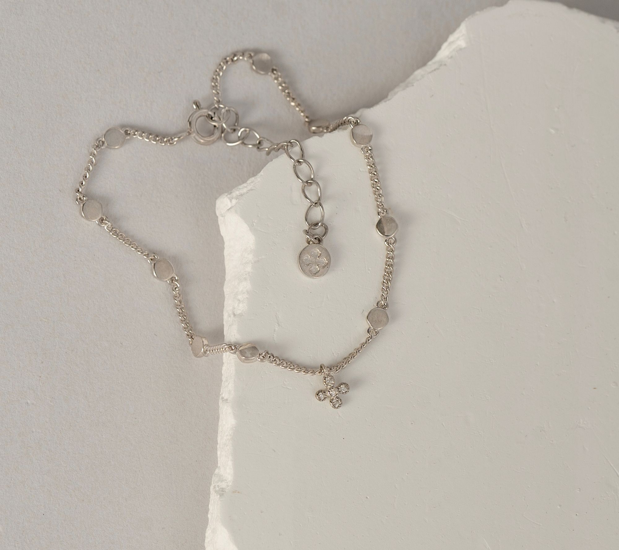 Diamonique Station & Cross Charm Bracelet, Sterling Silver