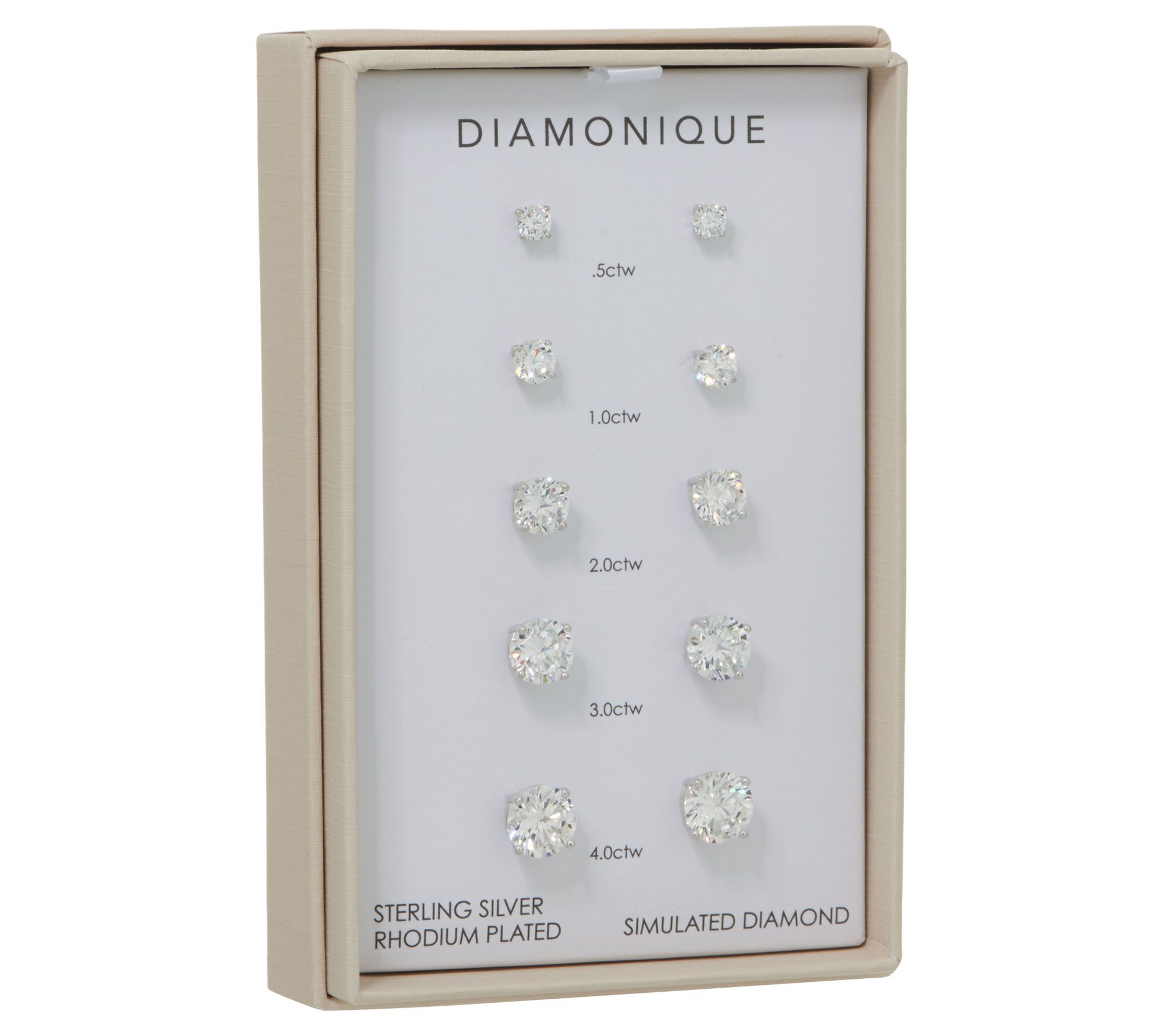Diamonique Set of 5 Stud Earrings, Sterling or 14K Plated, Boxed