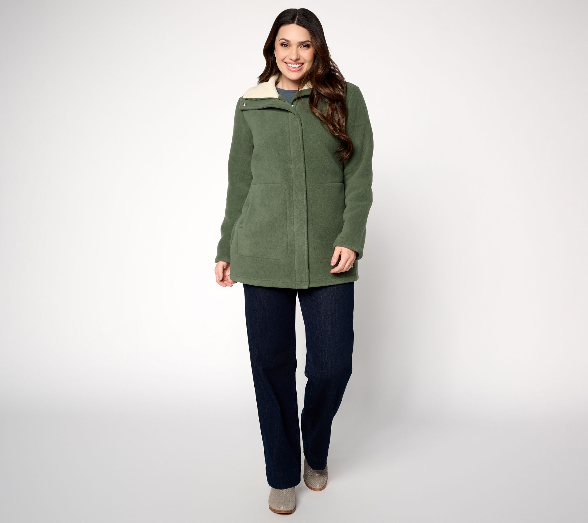 Denim & Co. Petite Fleece Bonded Sherpa Jacket with 2-Way Zip