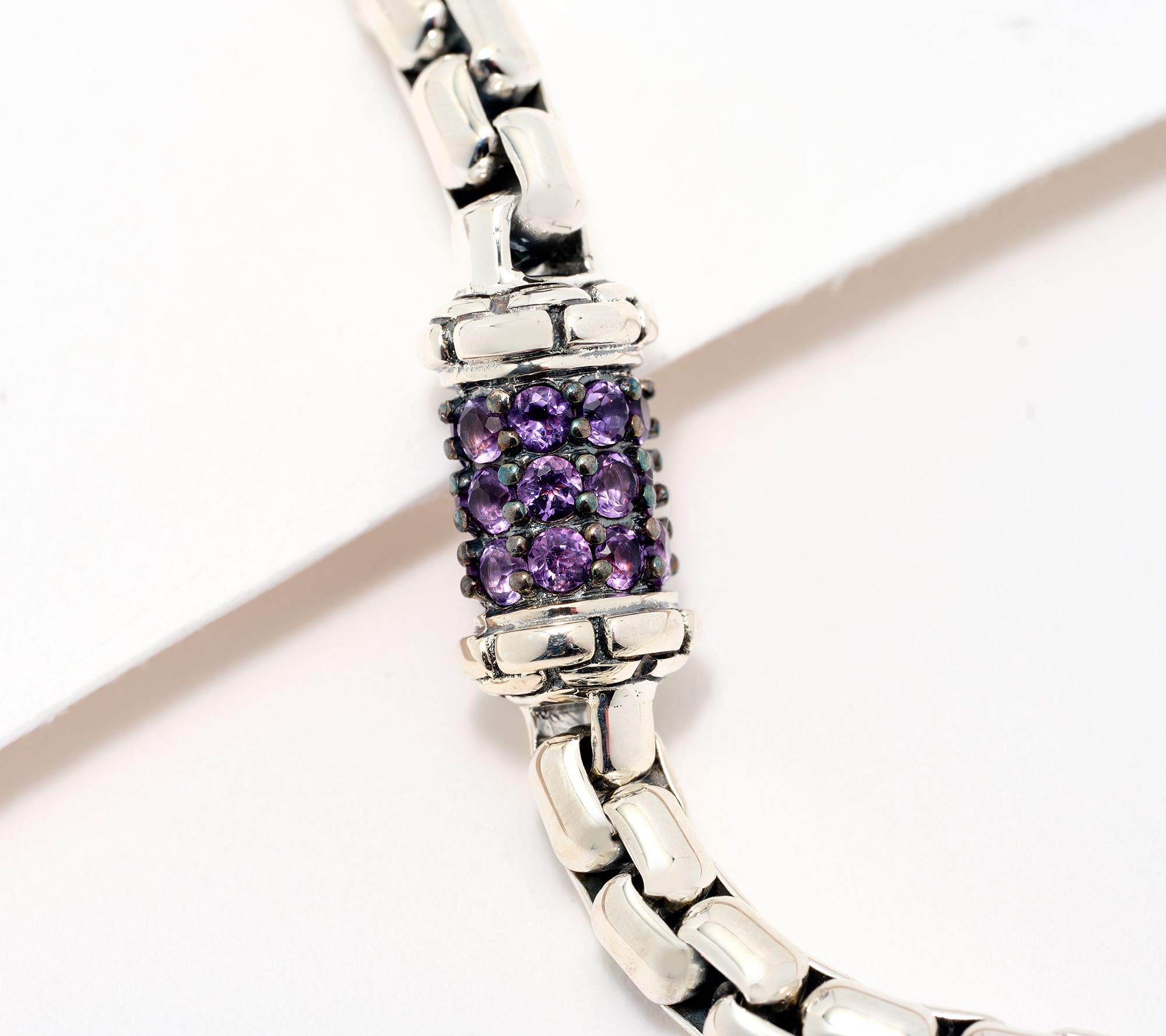 JAI Sterling Silver Pave Station 3.7mm Box Chain Bracelet, 13.0g