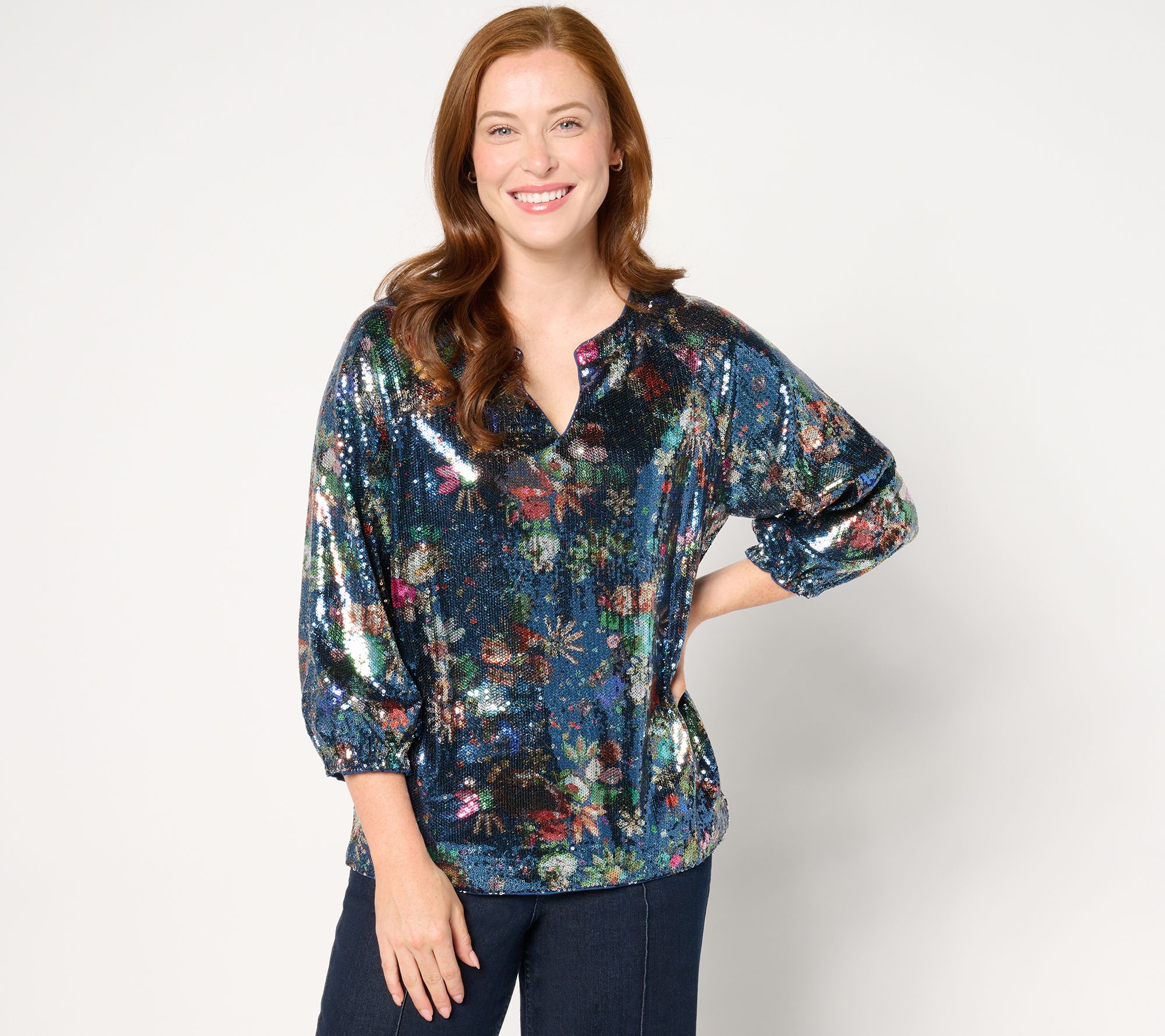 nicole by Nicole Miller Sequin 3/4-Balloon Sleeve Top