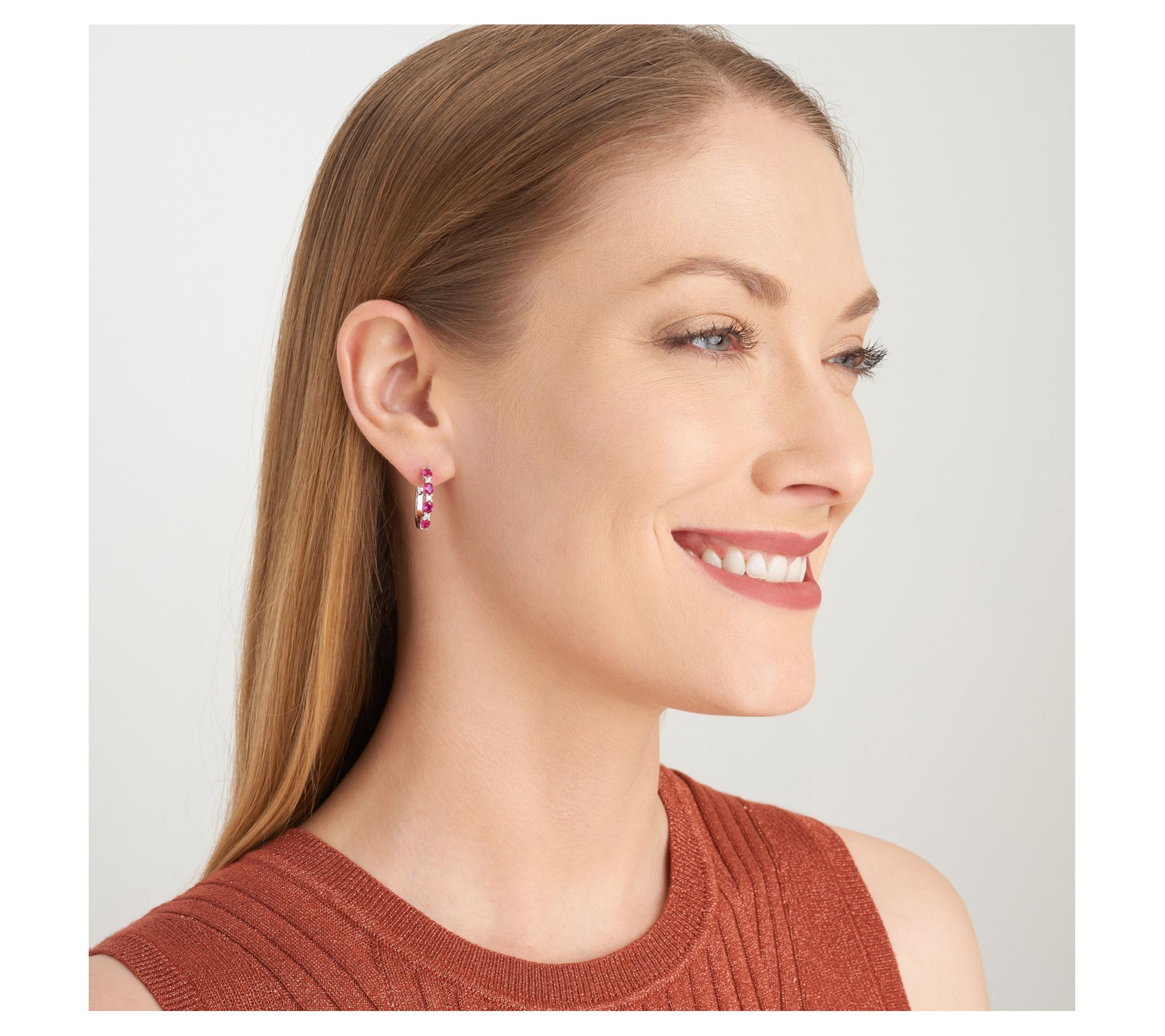 LuxLab Grown Ruby & Diamond Hoop Earrings, Sterling Silver