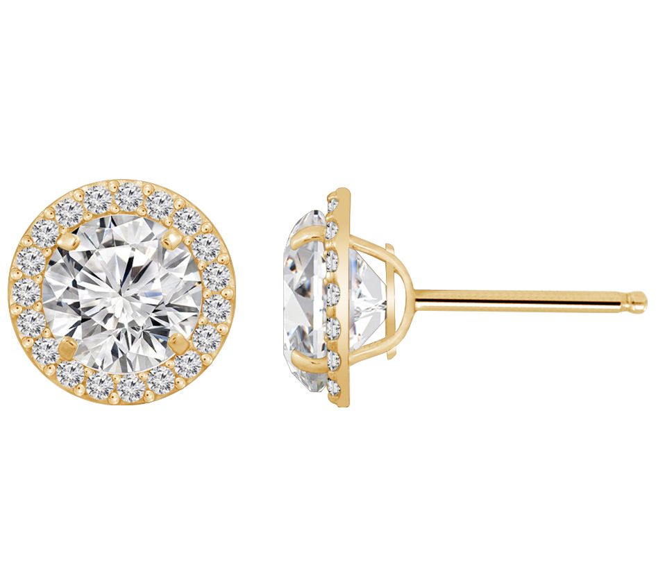 Diamonique 14K Solid Gold 3cttw Halo Stud Earrings