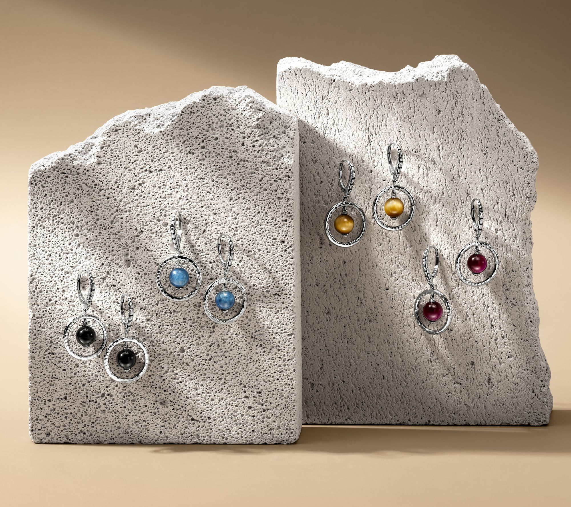 JAI Sterling Silver Gemstone Bead Front FacingHoop Earrings