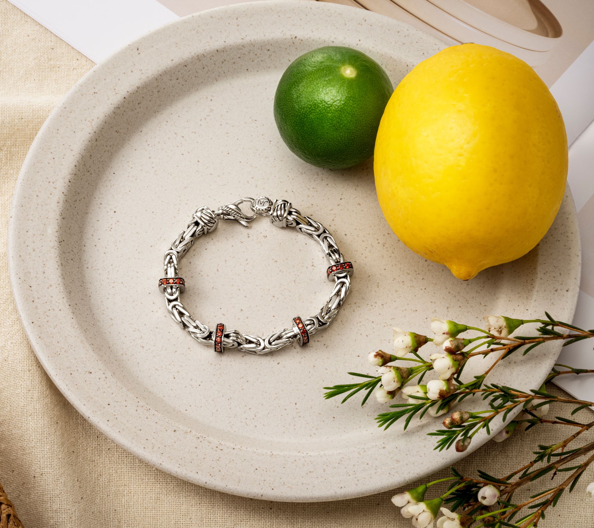 JAI Sterling Silver 5.1mm Byzantine & Pave Gemstone Bracelet