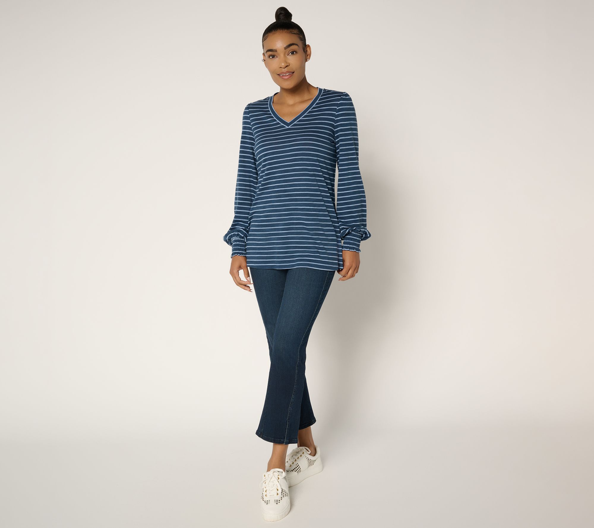 Belle by Kim Gravel Slub Knit Pinstripe V Neck Top