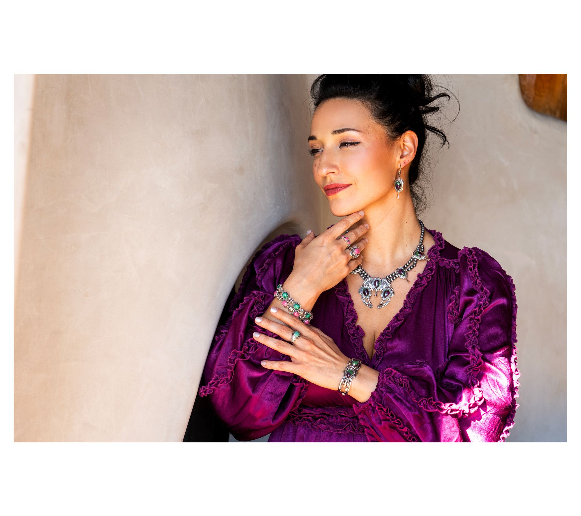 American West Sterling Silver Pear Gemstone Squash Blossom Cuff Bracelet