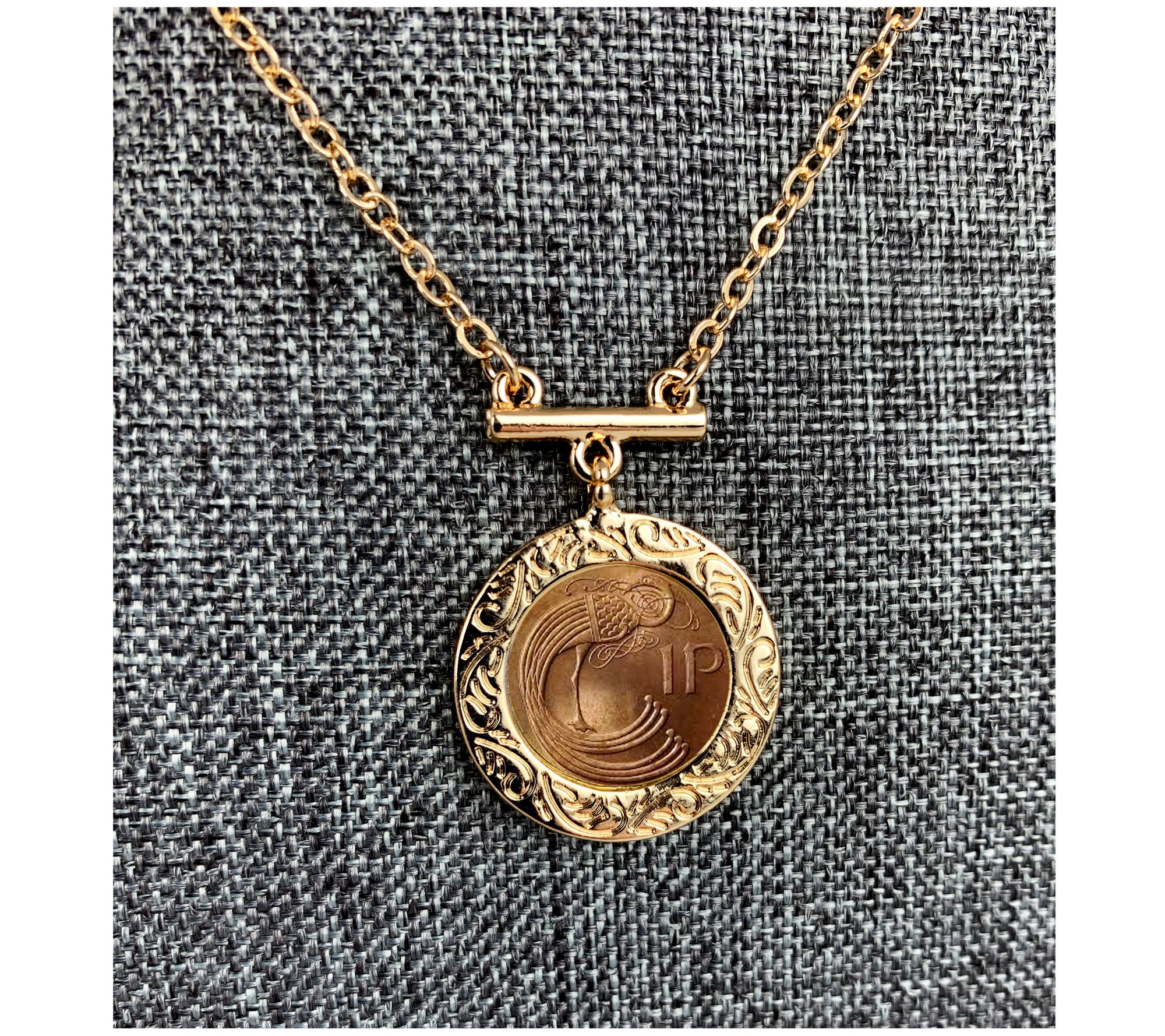 Irish Penny Coin Goldtone Bar Necklace