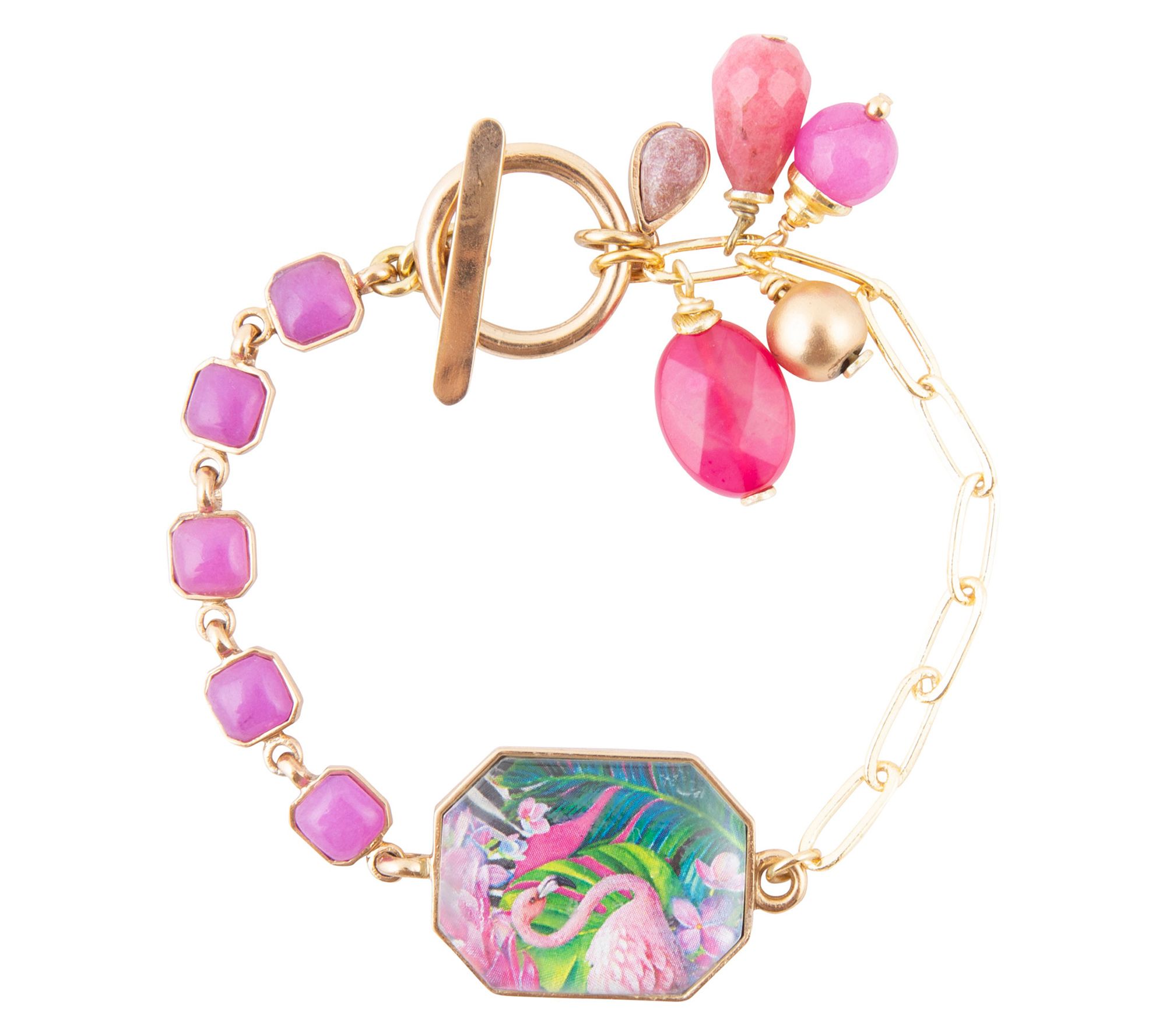Barse Artisan Crafted Flamingo Pink Agate Golden Link Bracelet