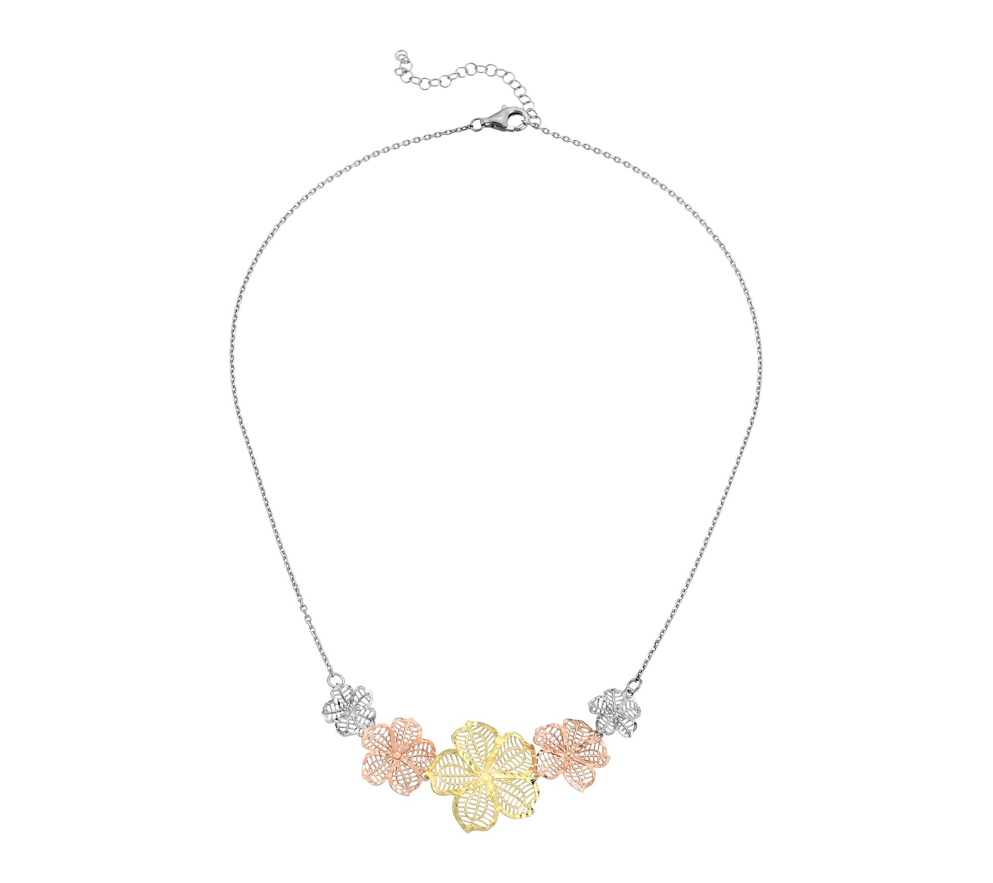 Silver Style Tri-Color Graduated Flower Necklace, Sterling