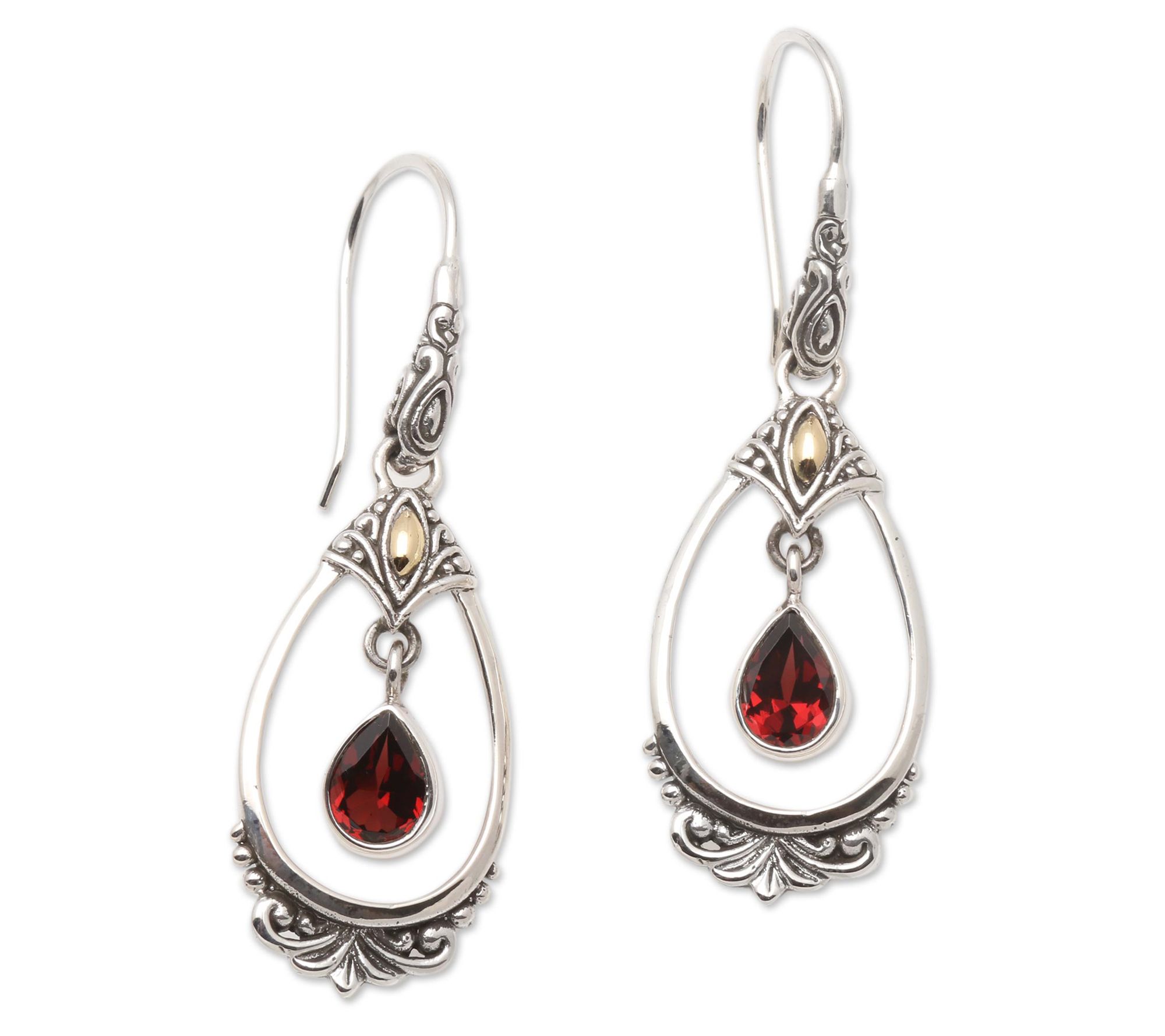Novica Artisian Crafted Two-Tone Garnet Dangle Earrings