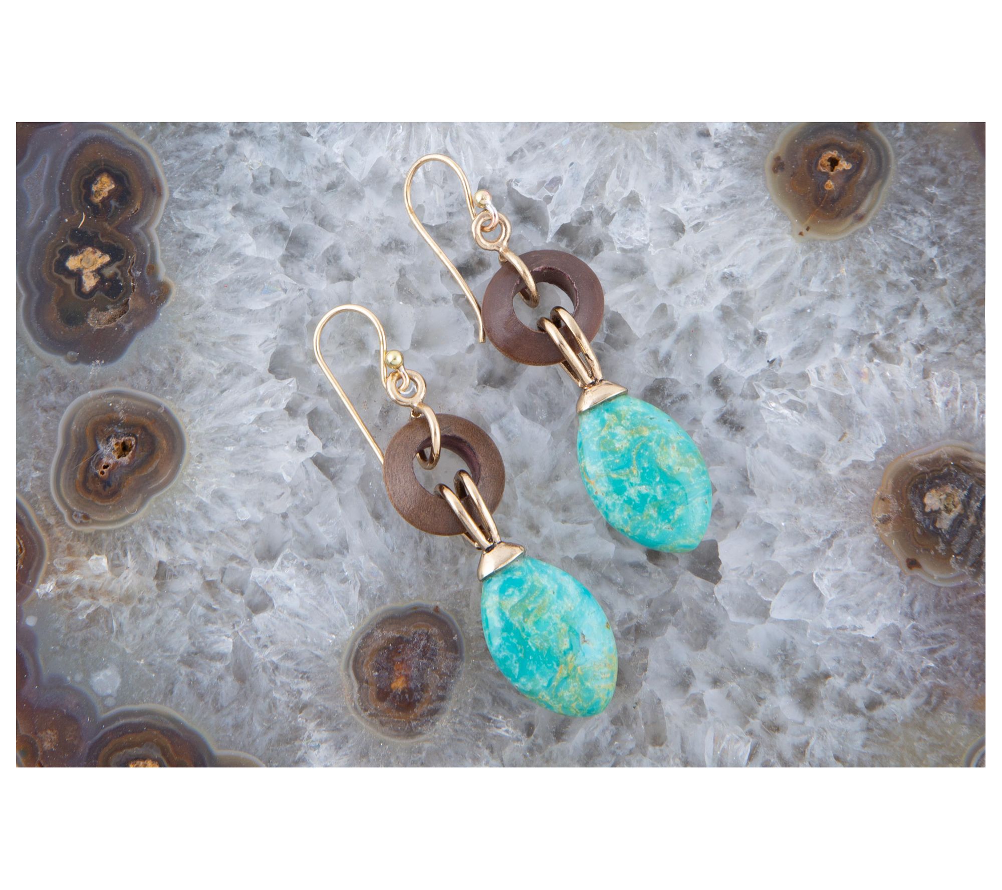 Barse Artisan Crafted Bronze Wood & Turquoise Drop Earrings