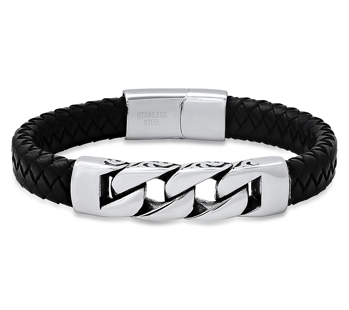 Steel by Design Men's Curb Link Station LeatherBracelet