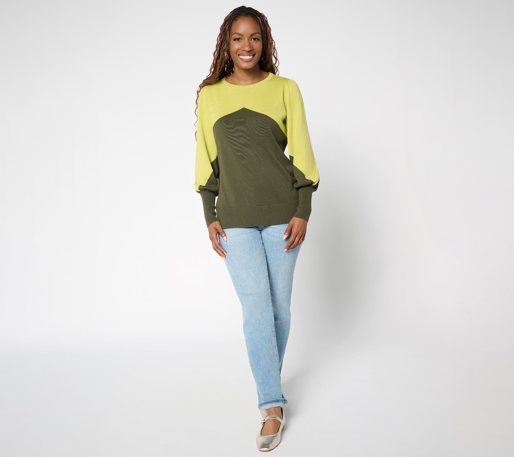 Belle by Kim Gravel Diagonal Color Block Blouson Sweater