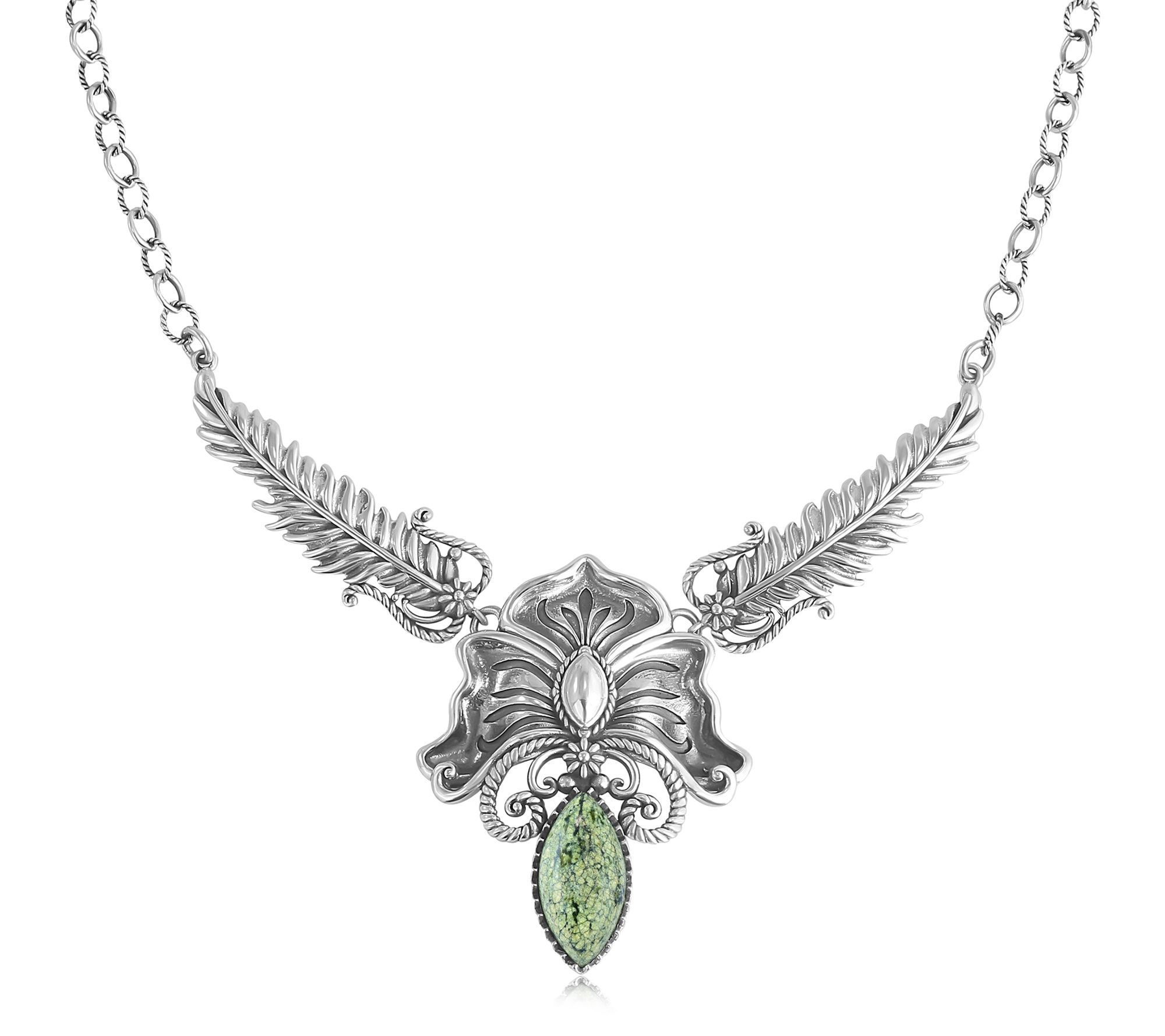 American West Sterling Cactus Flower Marquise Feather Necklace